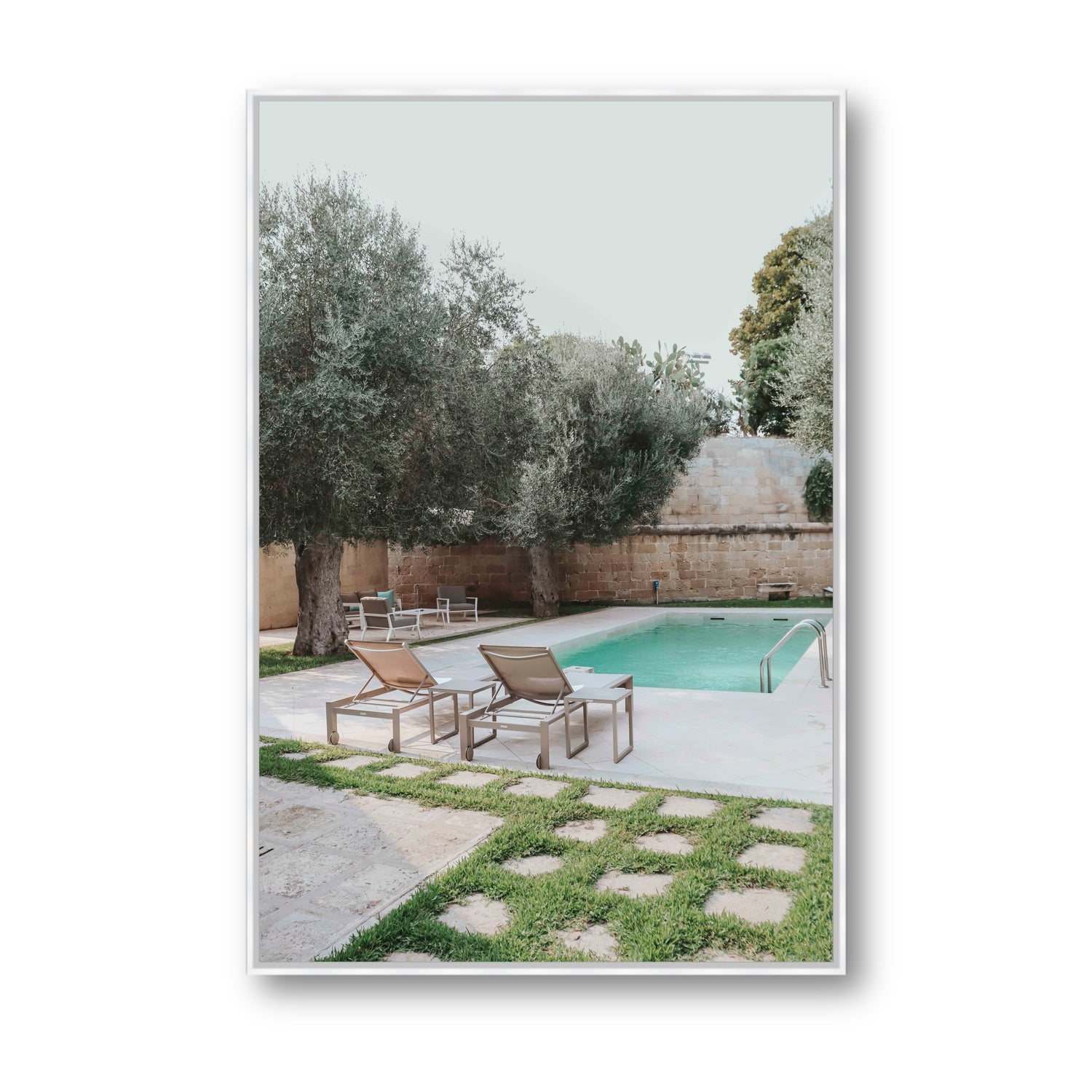 Olive Oasis Puglia Mediterranean wall art Statement fine art canvas in white float frame