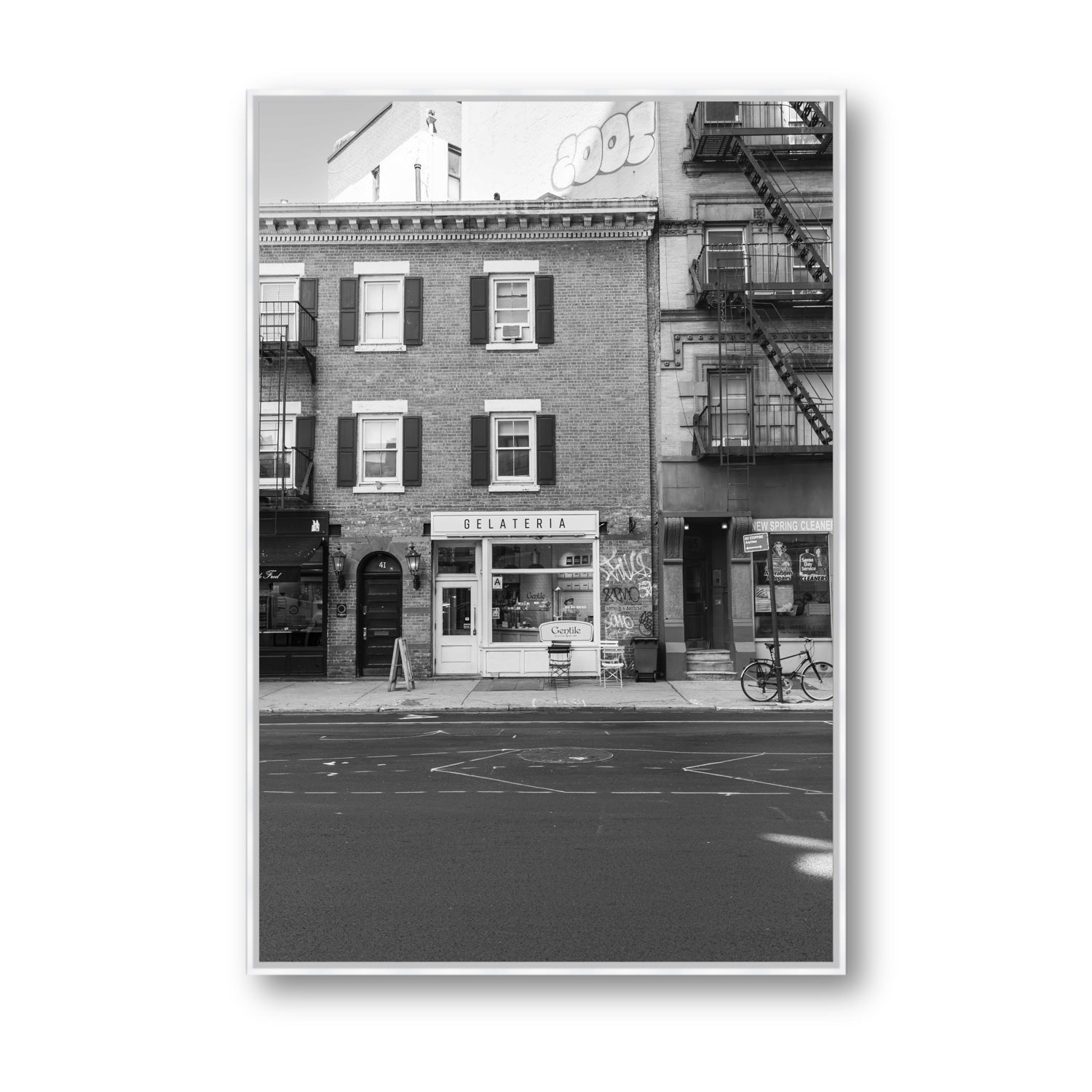 Gelateria New York NYC Black & White wall art Statement fine art canvas in white float frame