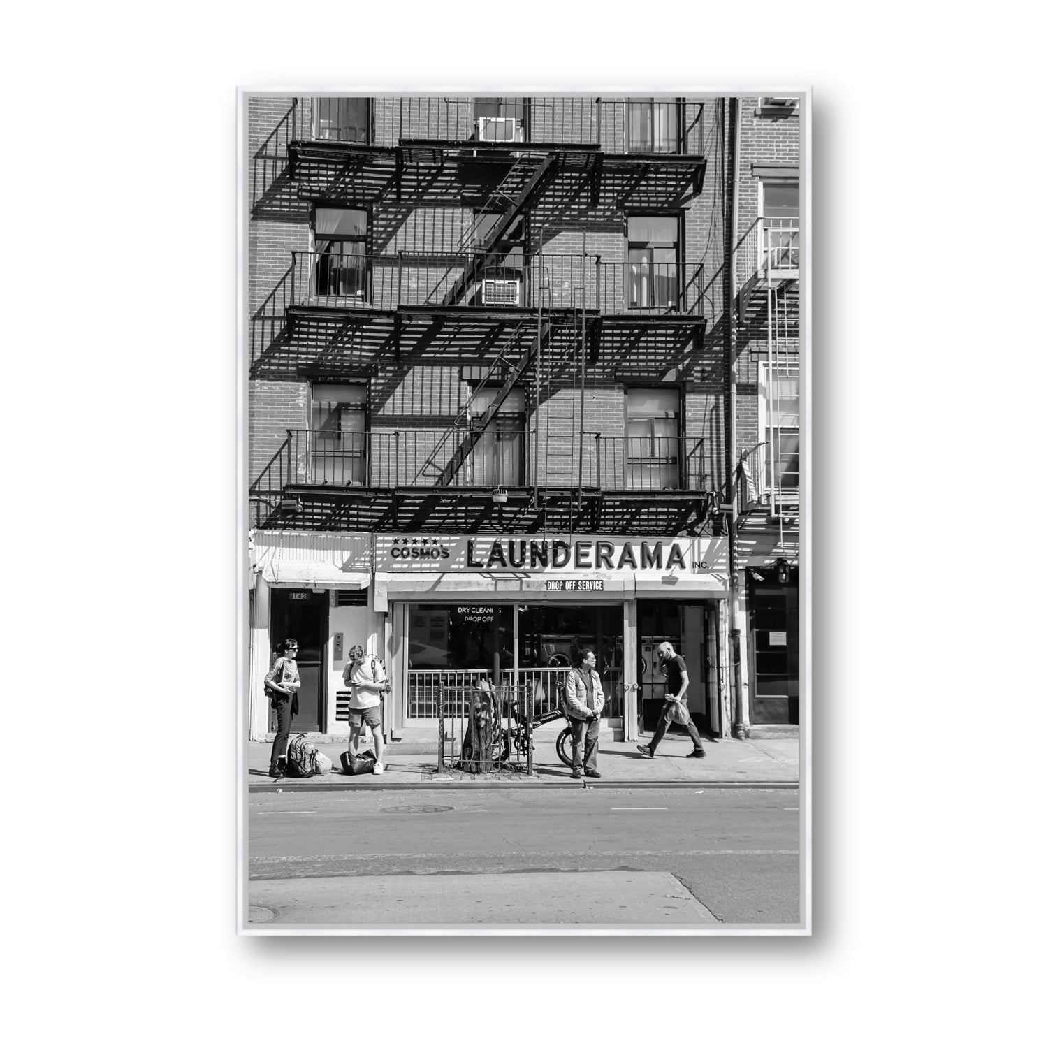 Bus Stop New York NYC Black & White wall art Statement fine art canvas in white float frame