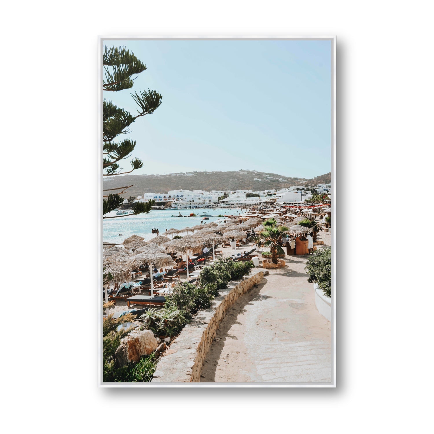 All Roads Lead To The Beach Mykonos Greek island wall art Statement fine art canvas in white float frame
