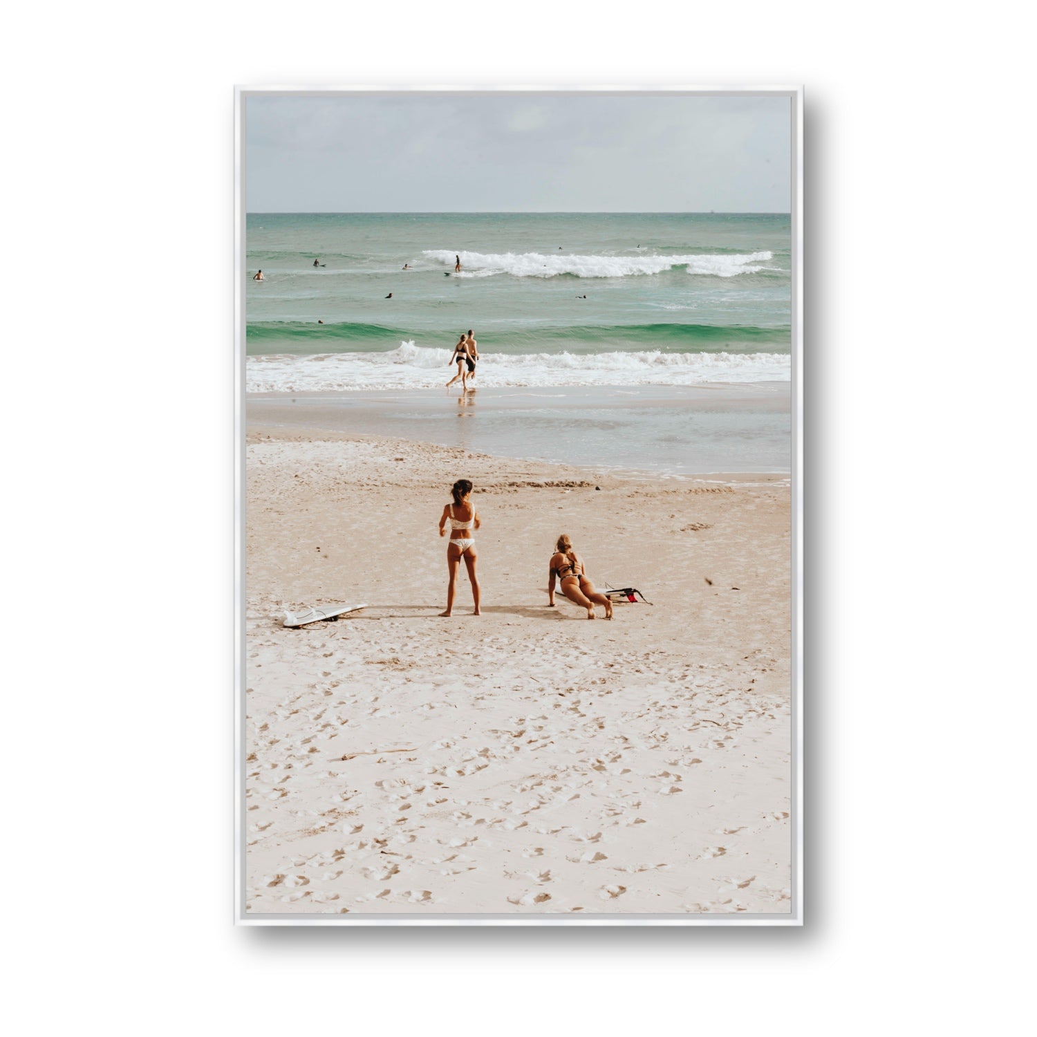 Gidget & Betty Byron Bay beach coastal wall art Statement fine art canvas in white float frame
