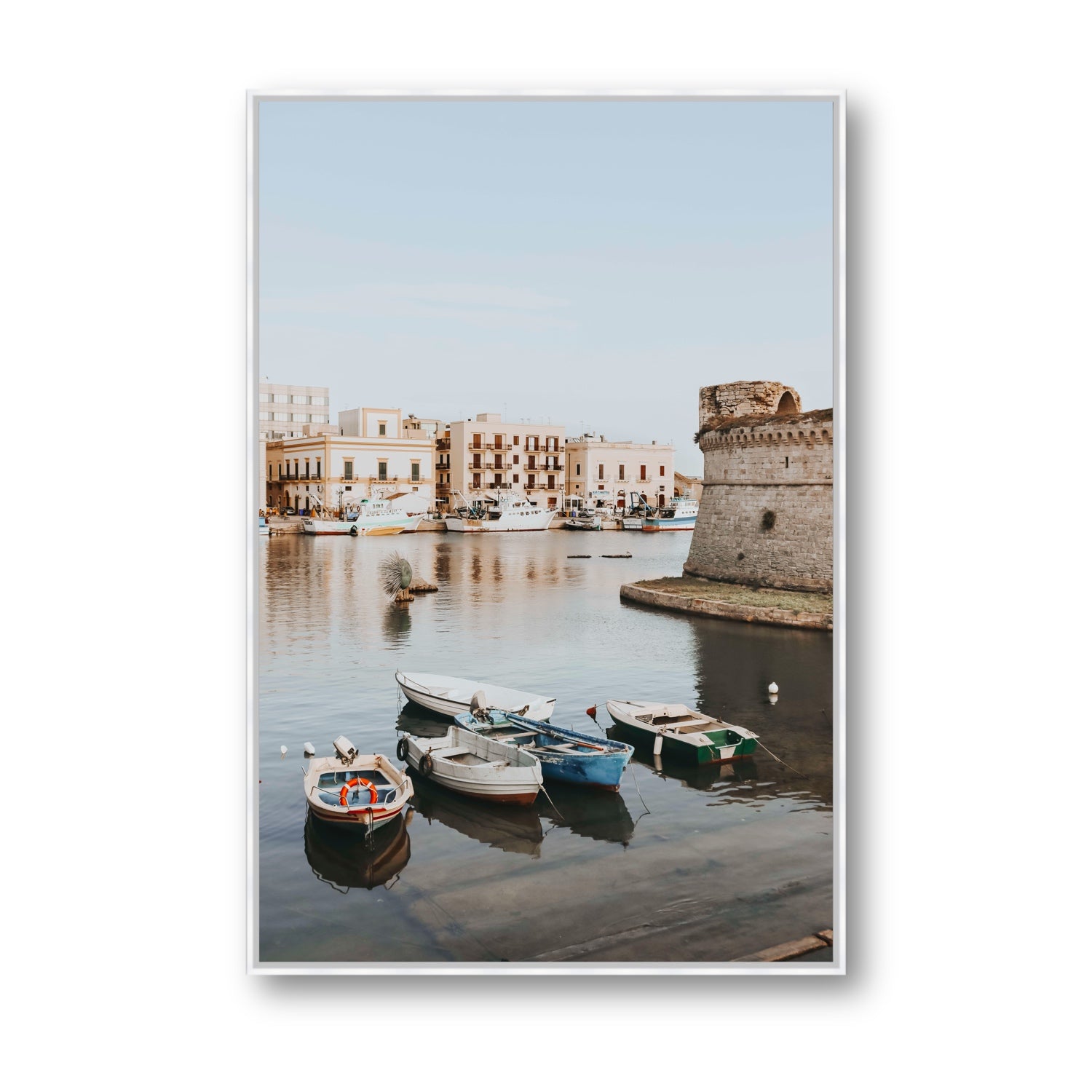 Gallipoli Harbour Puglia coastal wall art Statement fine art canvas in white float frame