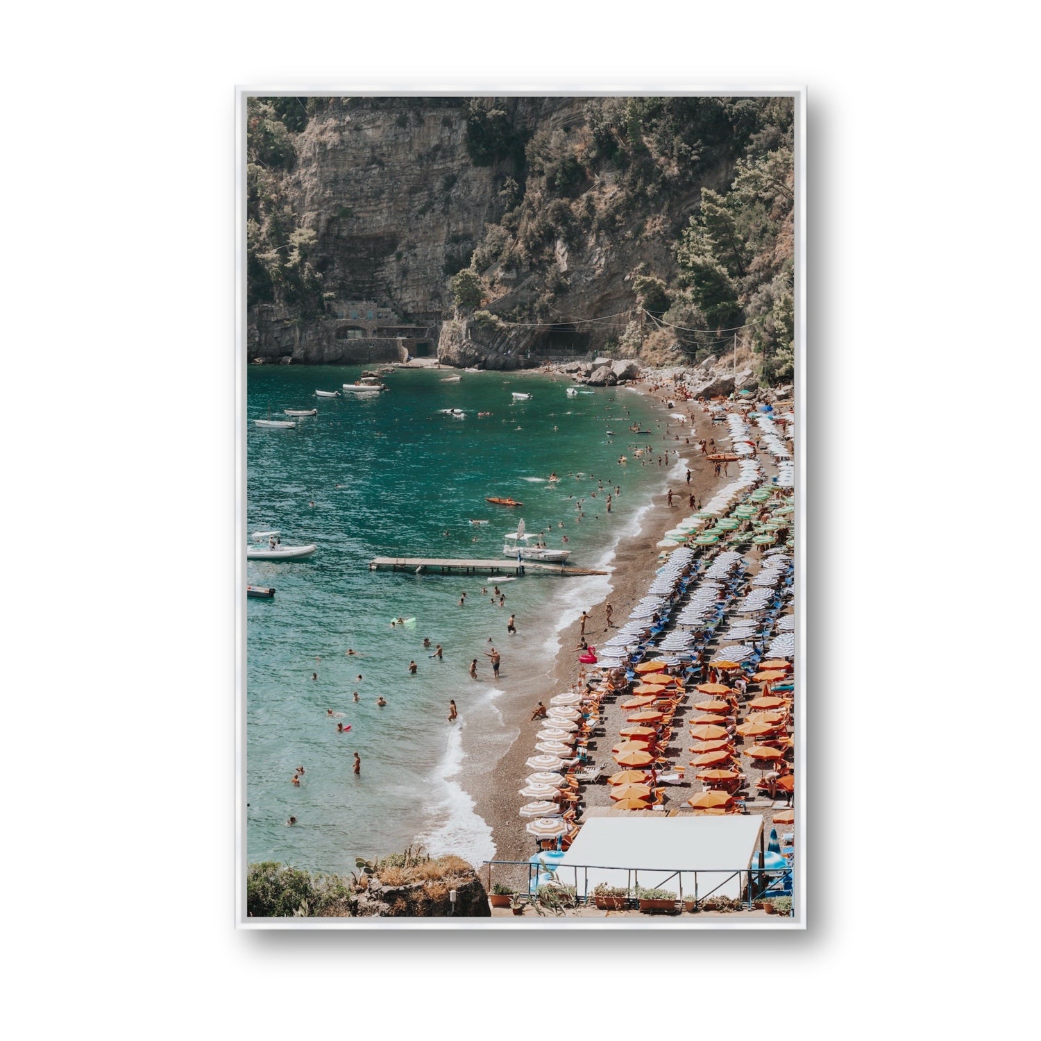 Parasol Panorama fine art print, Positano, Italy, Statement, White Float Frame, Fine Art Canvas