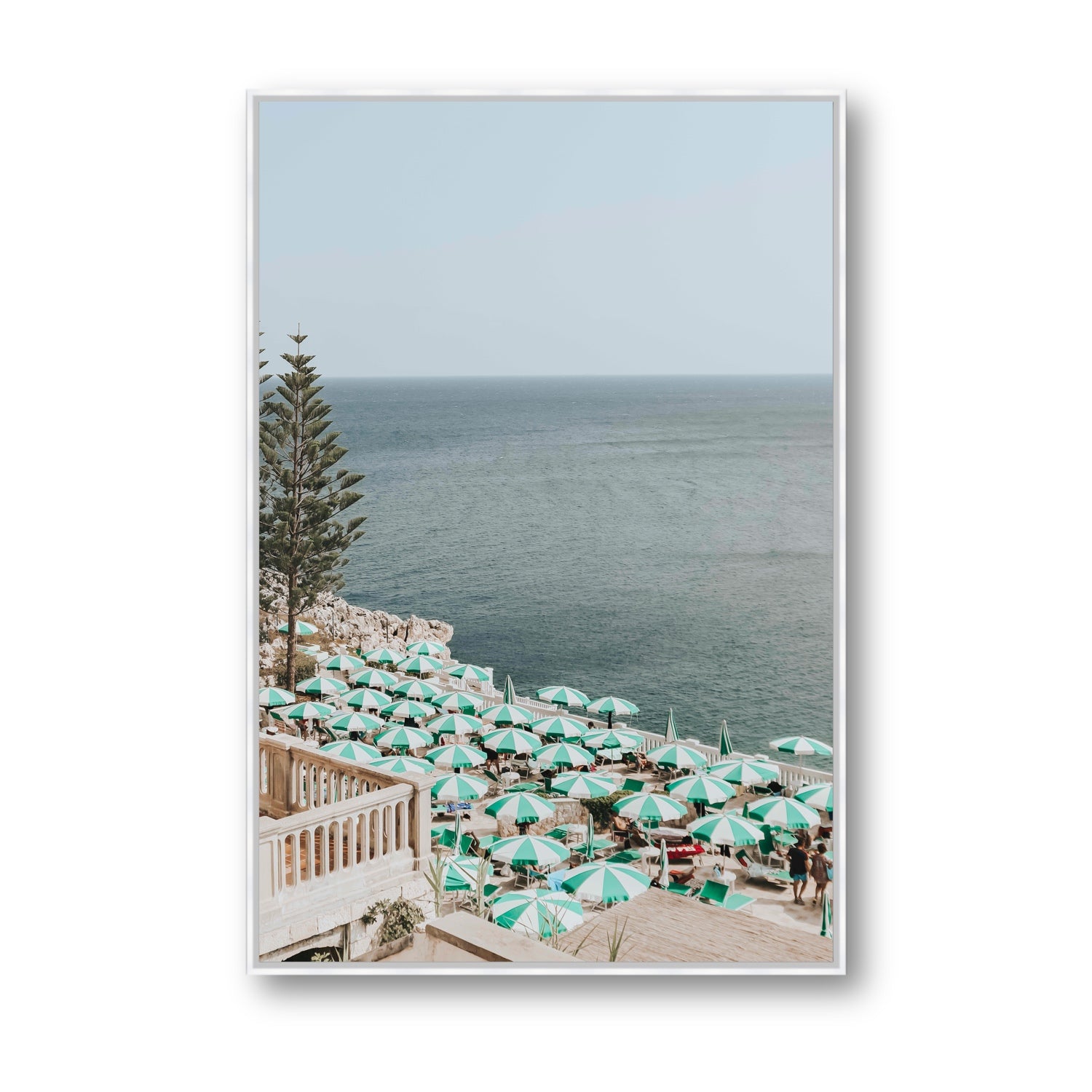 Sun-drenched Stripes Puglia beach coastal wall art Statement fine art canvas in white float frame