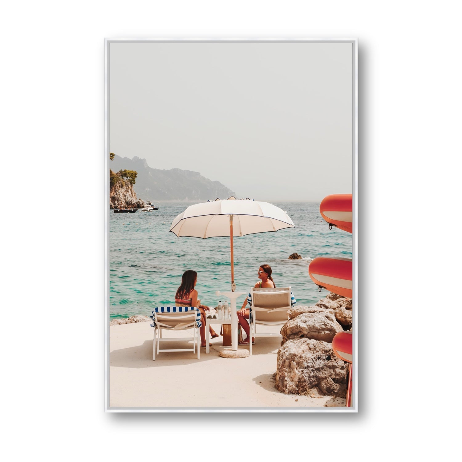 Salty Banter Amalfi Mediterranean wall art Statement fine art canvas in white float frame