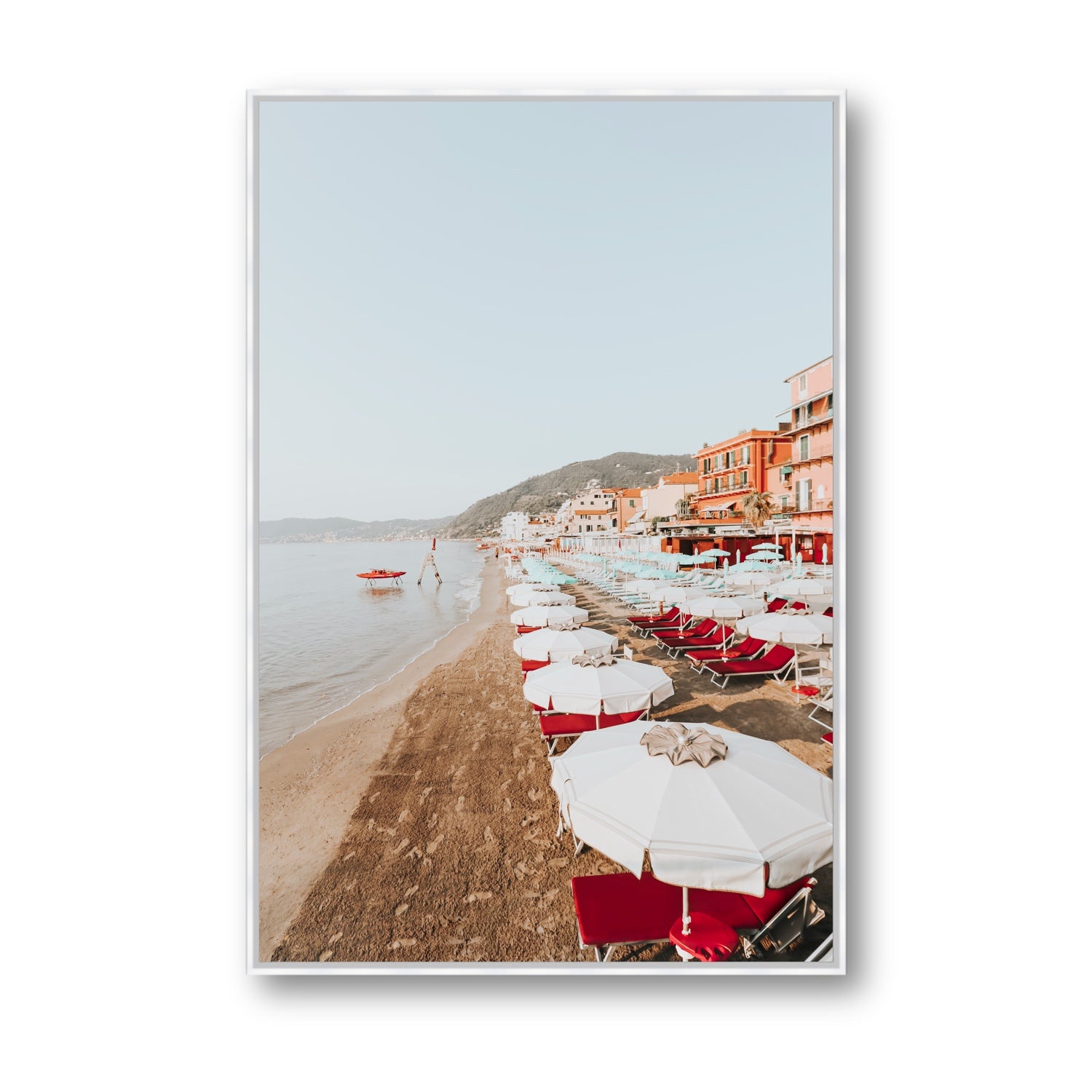 Italian Riviera fine art print, Alassio, Italy, coastal scenes artwork, Statement, White Float Frame, Fine Art Canvas