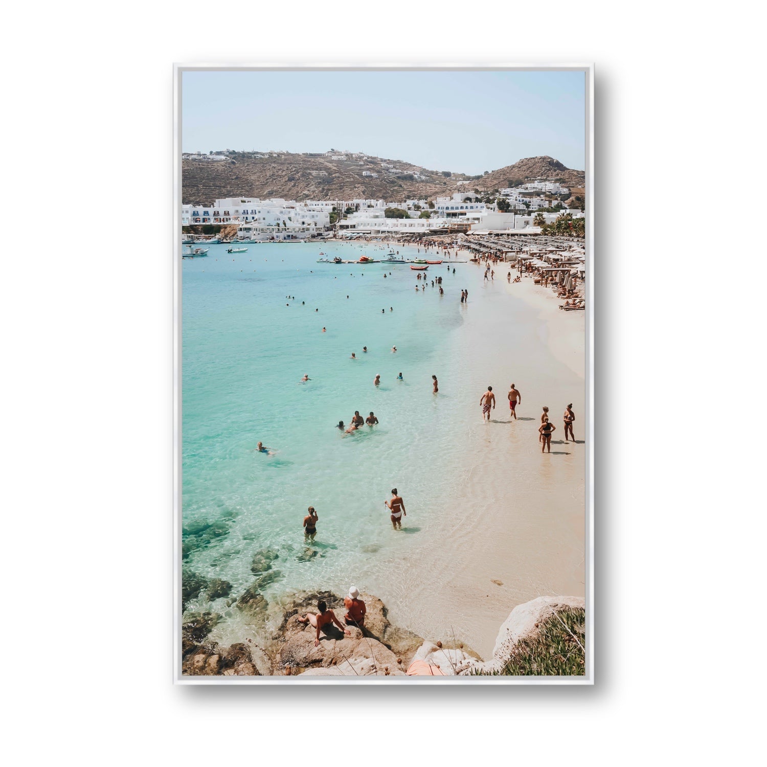 Breathe In The Salty Air Mykonos Greek island wall art Statement fine art canvas in white float frame