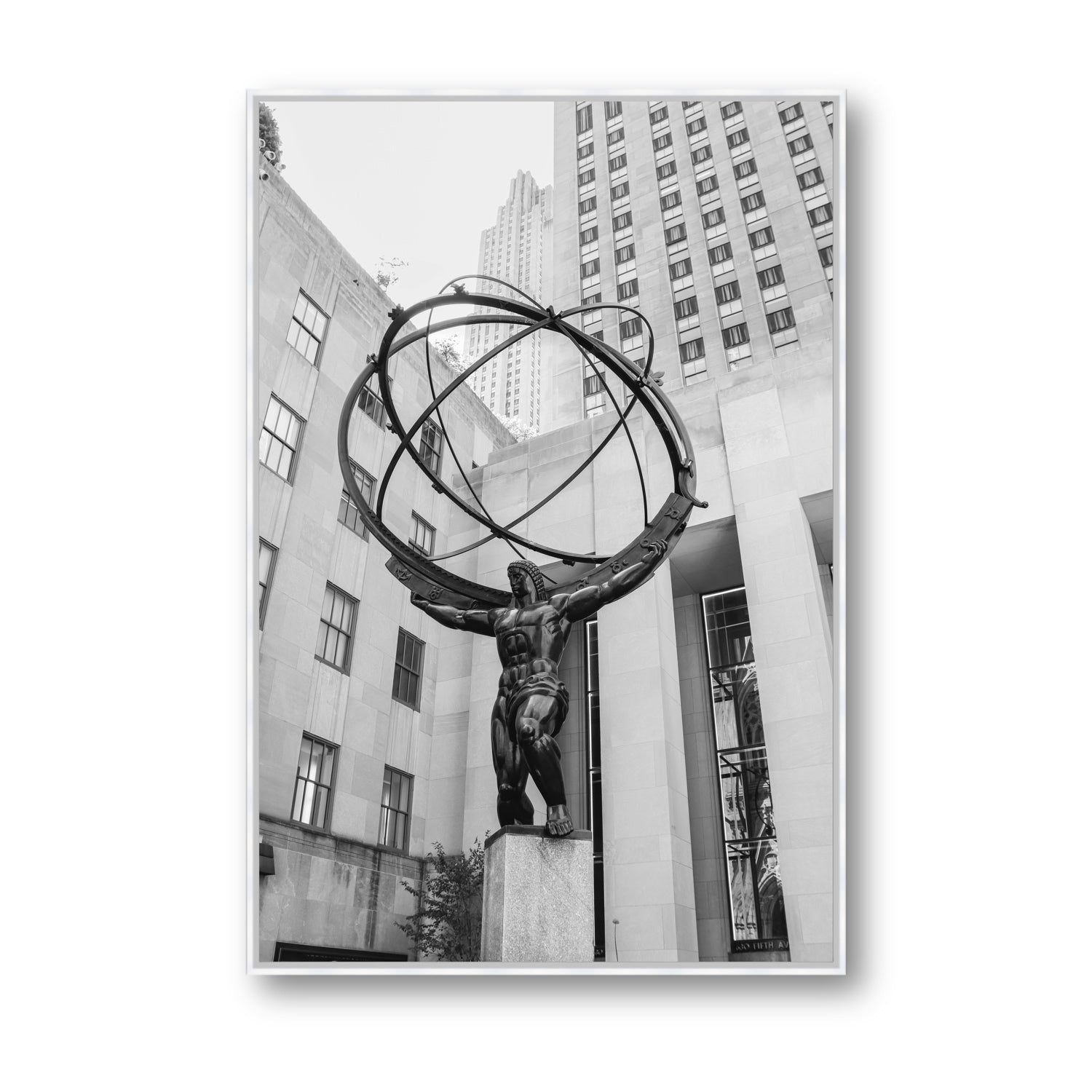 Atlas Ascends New York NYC Black & White wall art Statement fine art canvas in white float frame
