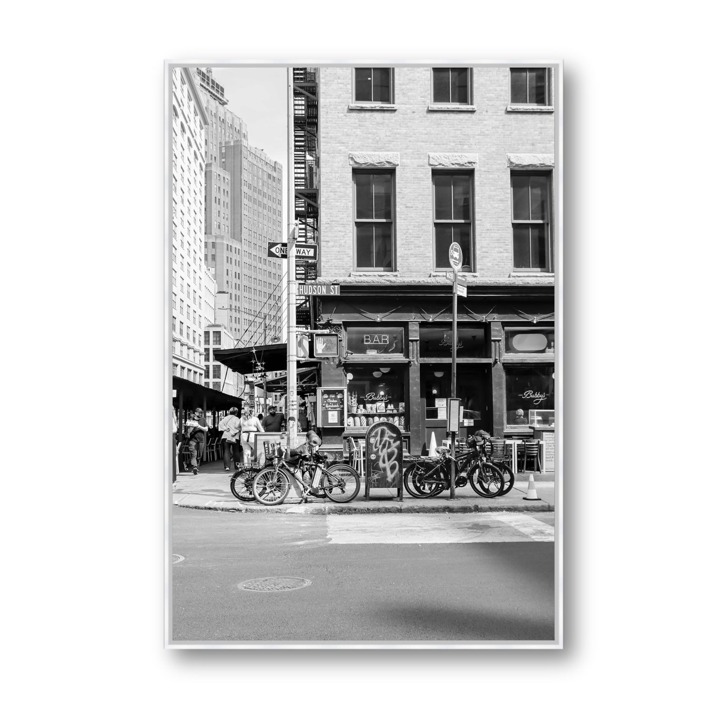 Bites Of The Big Apple New York NYC Black & White wall art Statement fine art canvas in white float frame