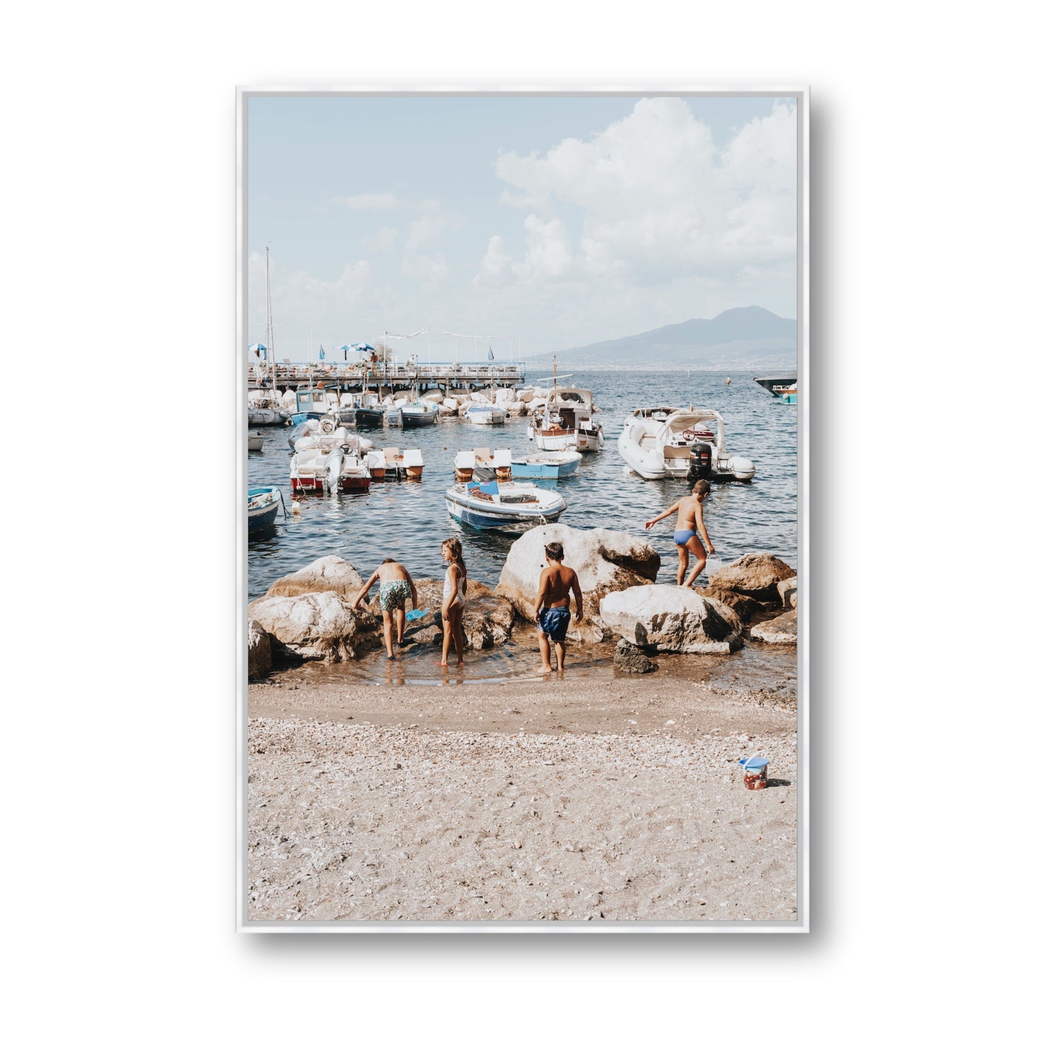 Searching For Treasures Sorrento coastal wall art Statement fine art canvas in white float frame