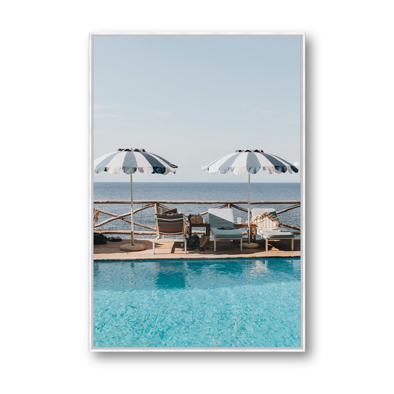 Beach Retreat fine art print, Ischia, Italy, european beach clubs artwork, Statement, White Float Frame, Fine Art Canvas
