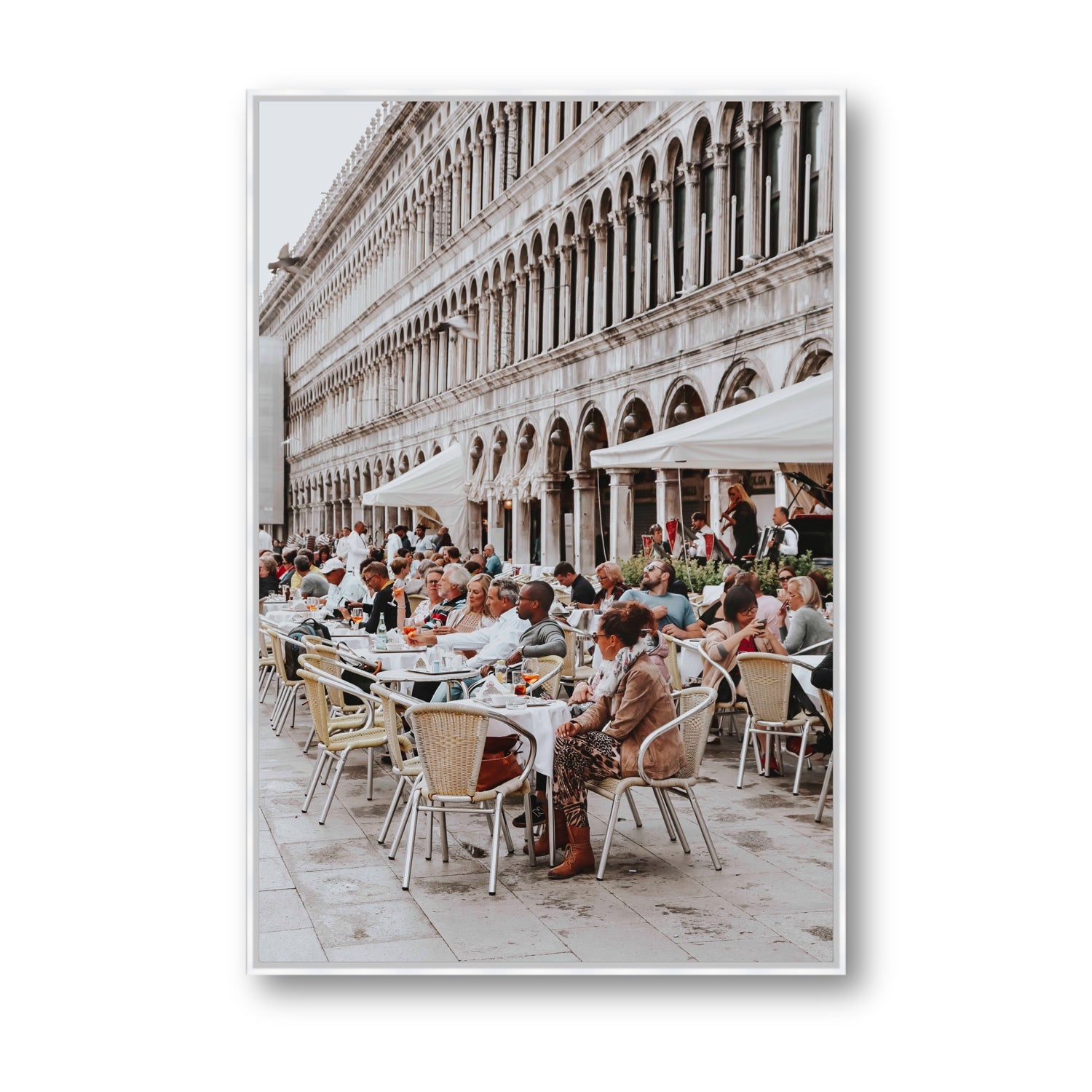 Lunchbreak Venice Italian wall art Statement fine art canvas in white float frame