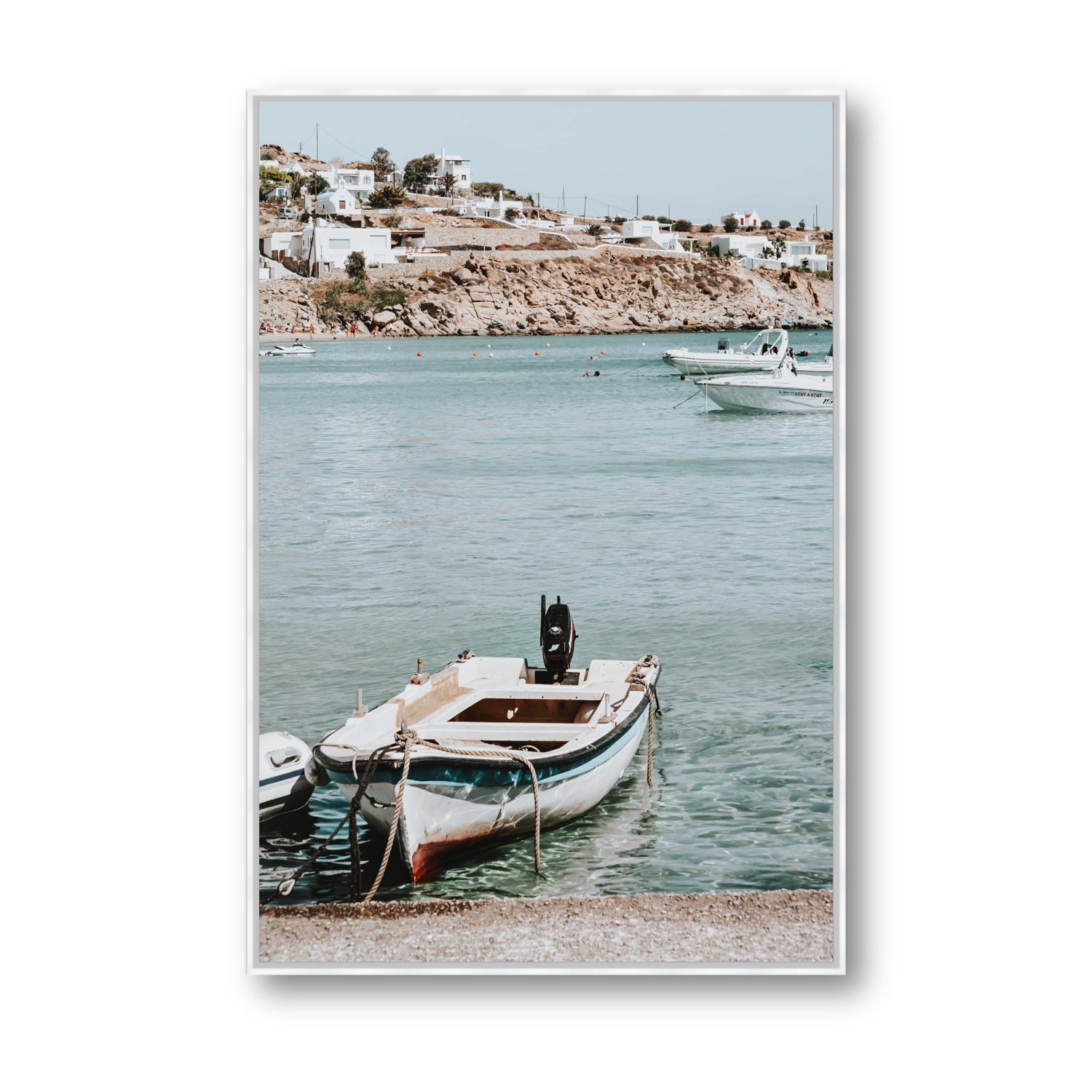 Classic Wheels Mykonos Greek island wall art Statement fine art canvas in white float frame