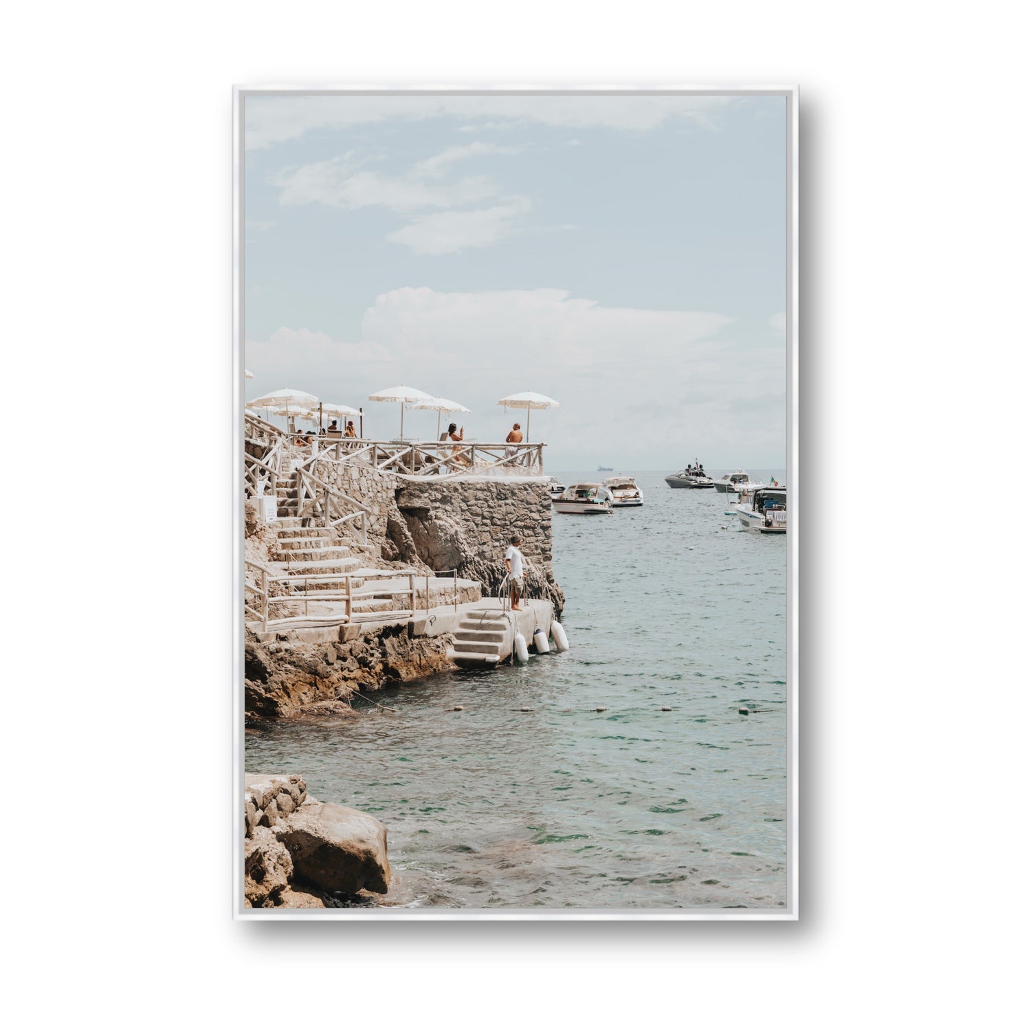 Pier Patrol fine art print, Nerano, Italy, Statement, White Float Frame, Fine Art Canvas