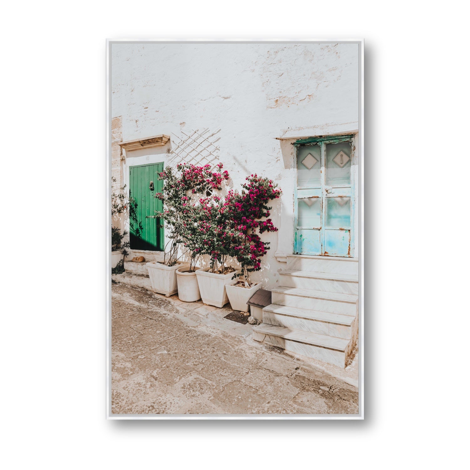 Floral Canvas Puglia Ostuni wall art Statement fine art canvas in white float frame