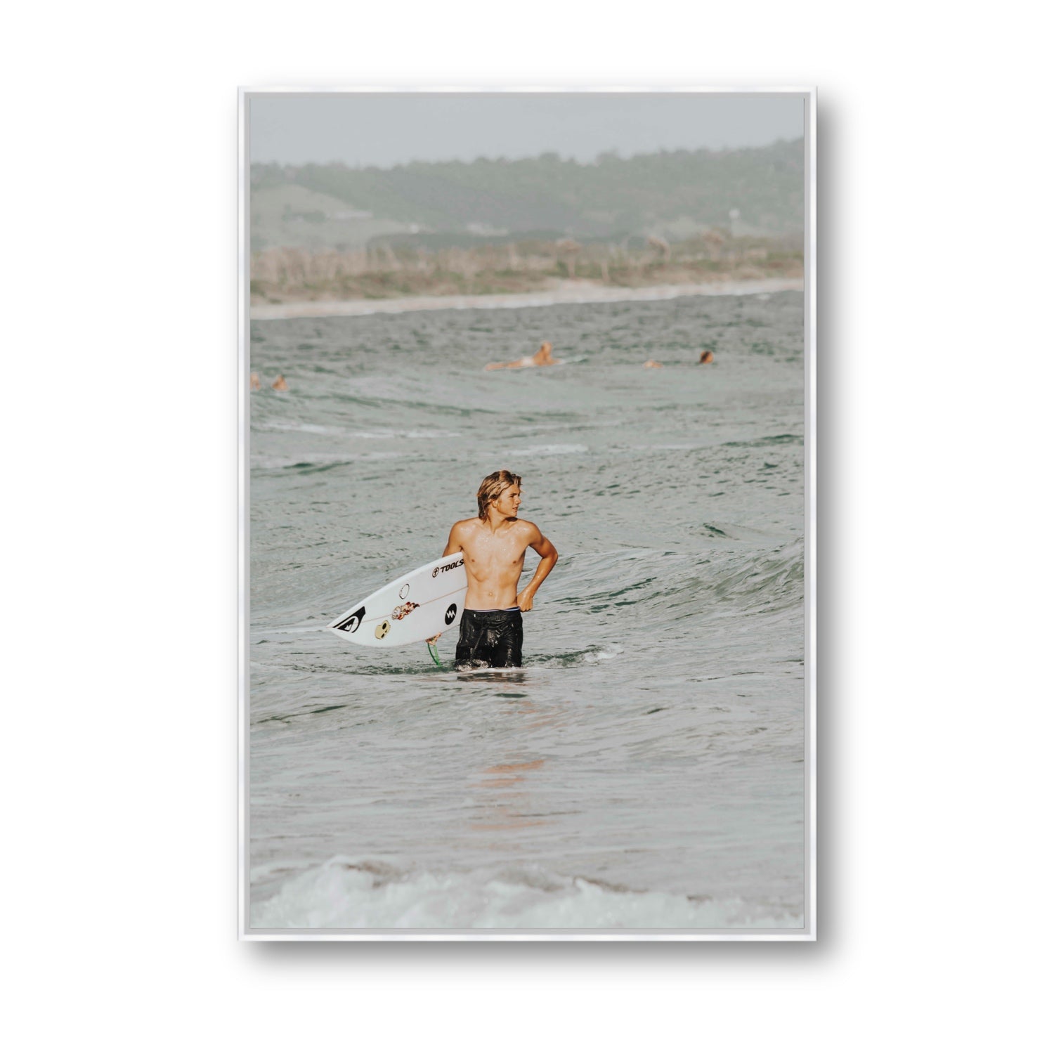 Chasing Mavericks Byron Bay Surf coastal wall art Statement fine art canvas in white float frame