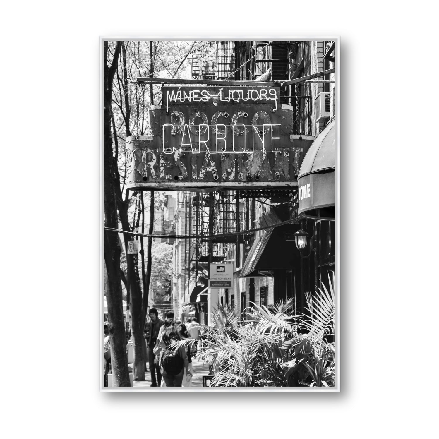 Paparazzi To Pasta New York NYC Black & White wall art Statement fine art canvas in white float frame