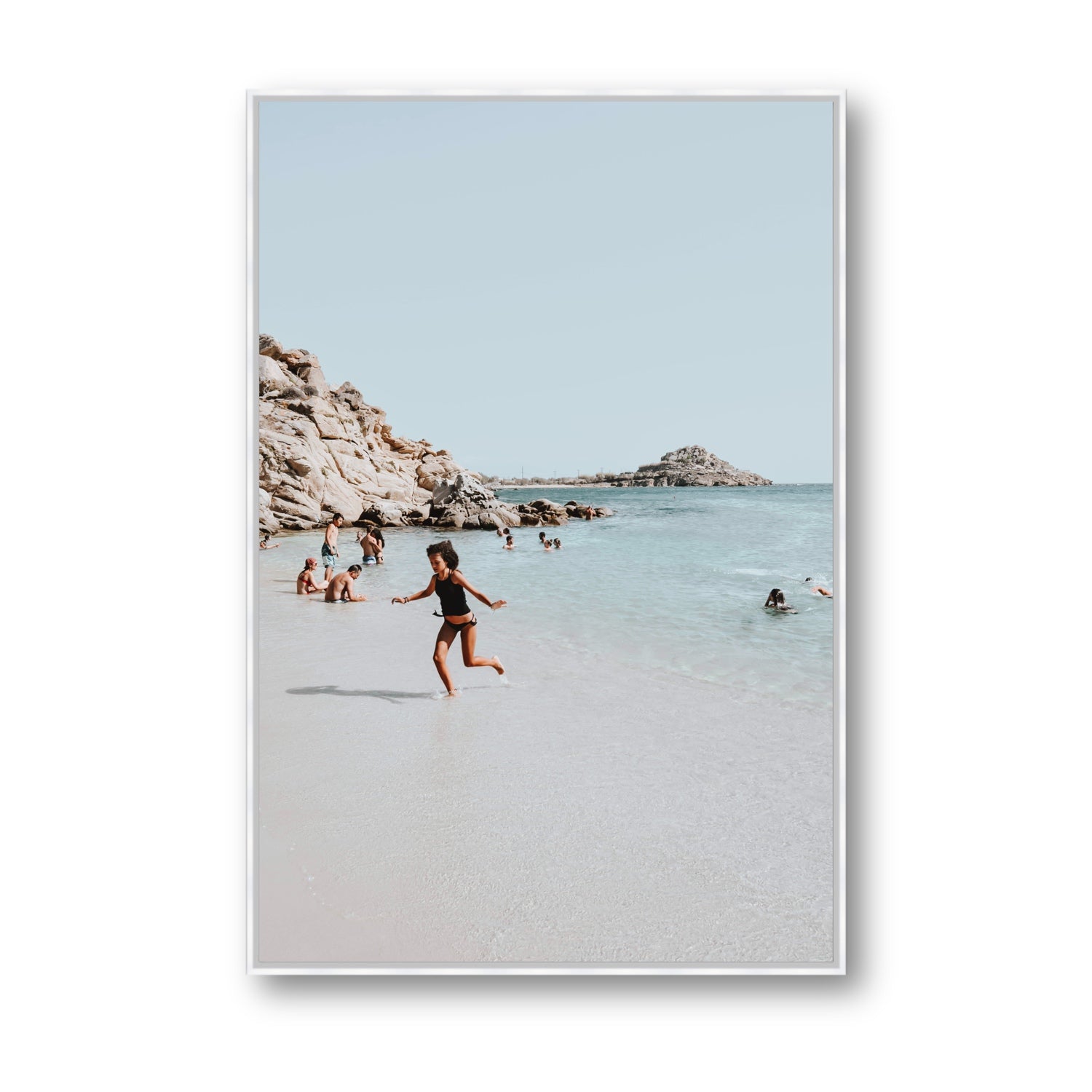 Skipping Angel Mykonos Greek island decor wall art Statement fine art canvas in white float frame