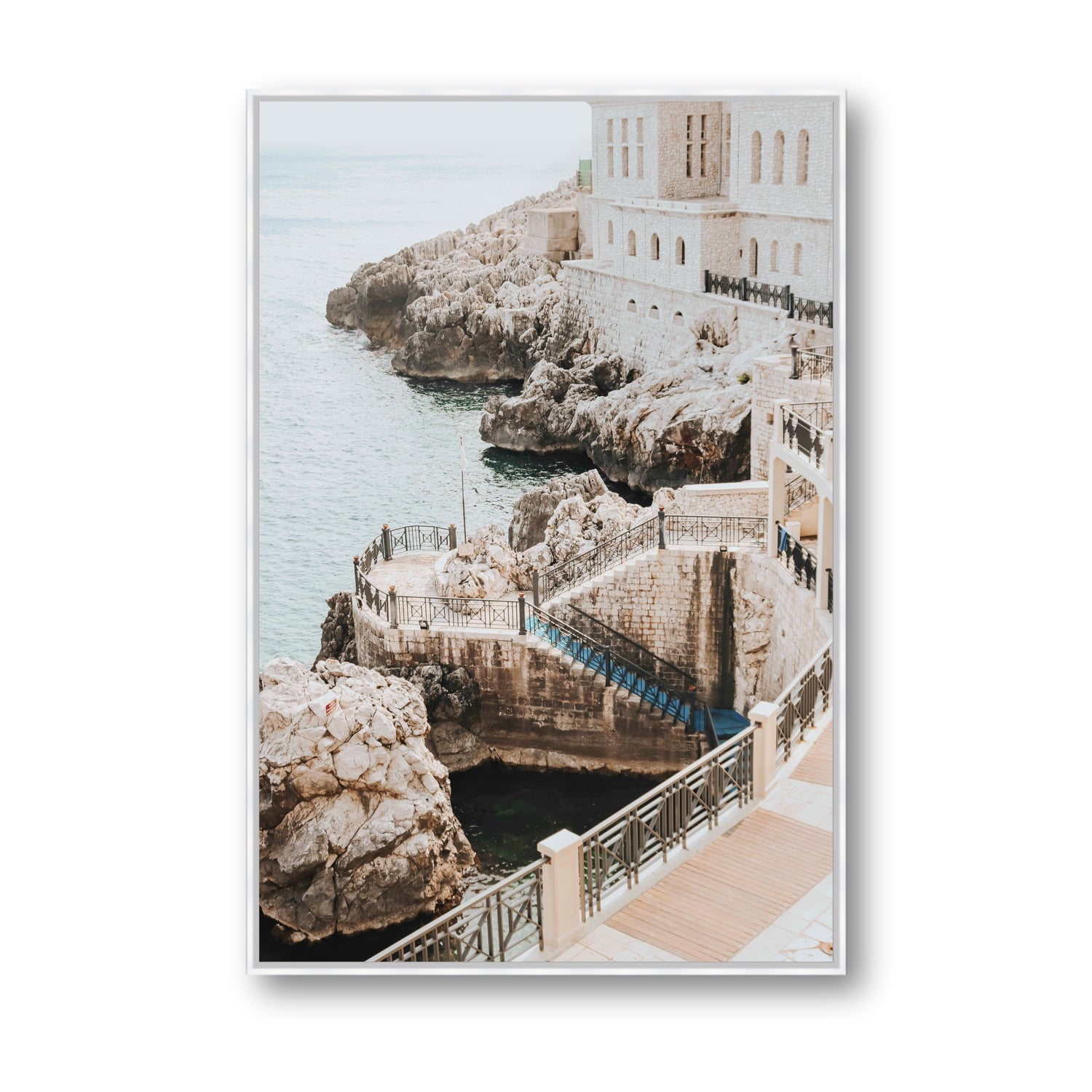 Wellness Centre Puglia coastal wall art Statement fine art canvas in white float frame