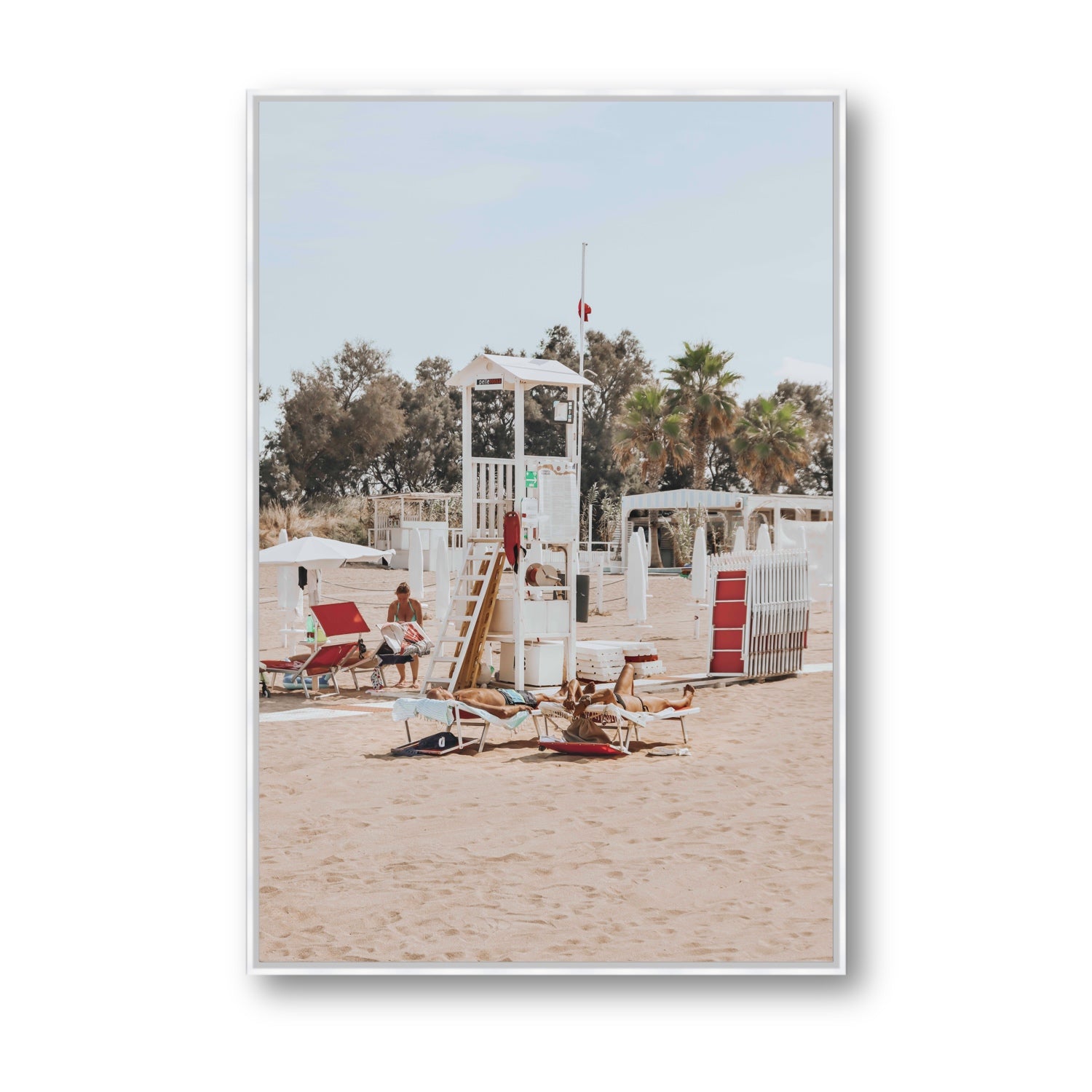Red Lounge Reverie Puglia beach coastal wall art Statement fine art canvas in white float frame