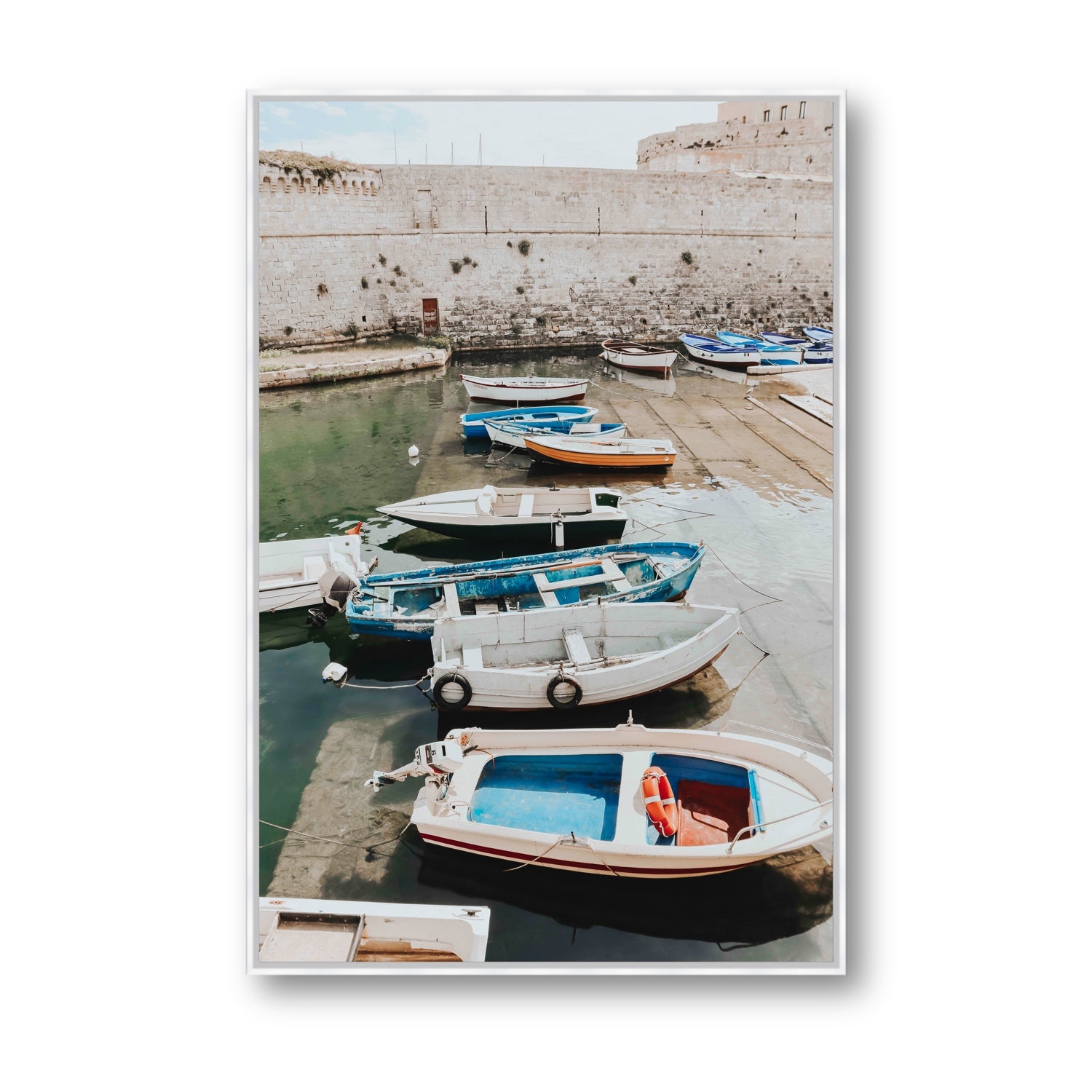 Harbour Palette Puglia coastal photography wall art Statement fine art canvas in white float frame