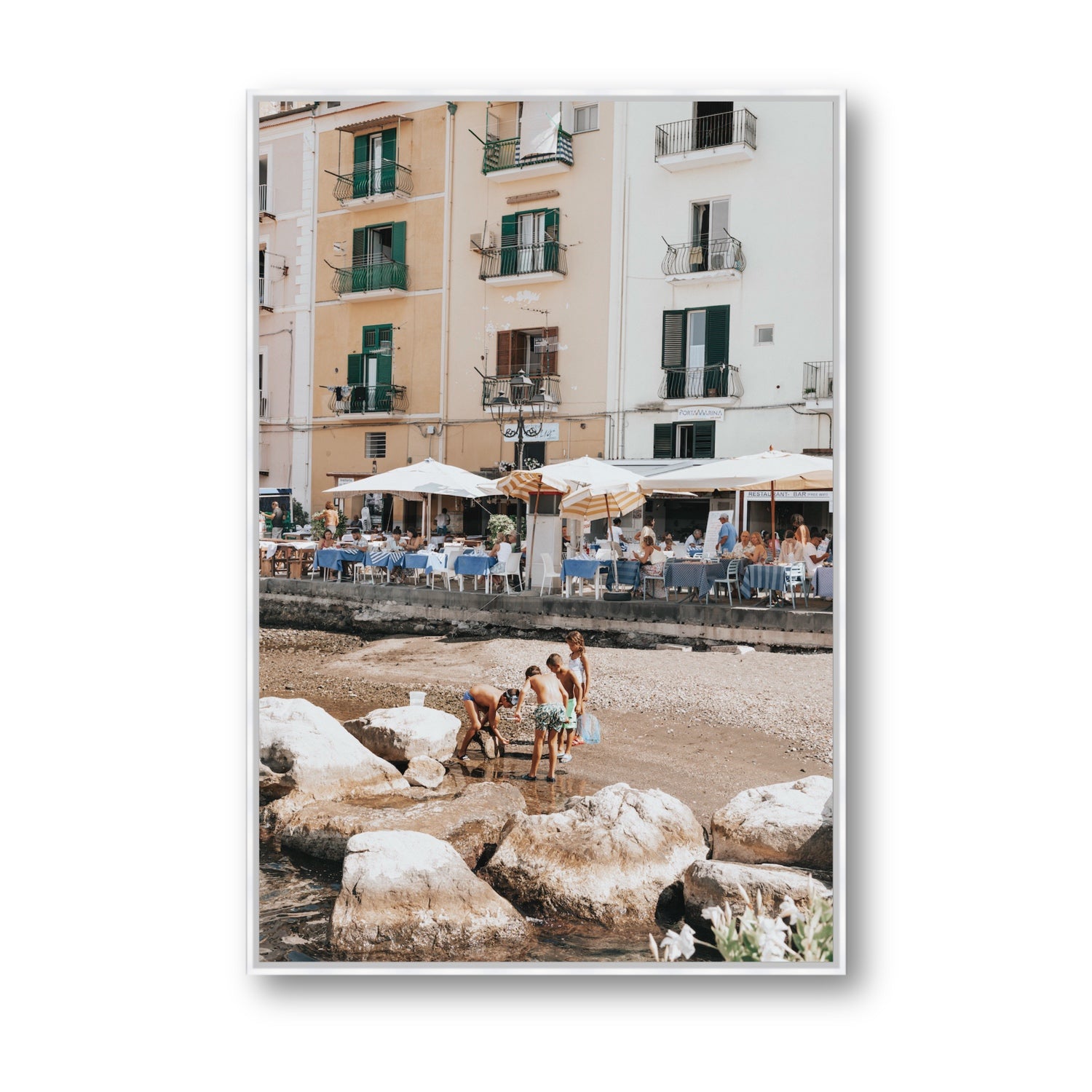 Sunny Playtime Sorrento coastal wall art Statement fine art canvas in white float frame
