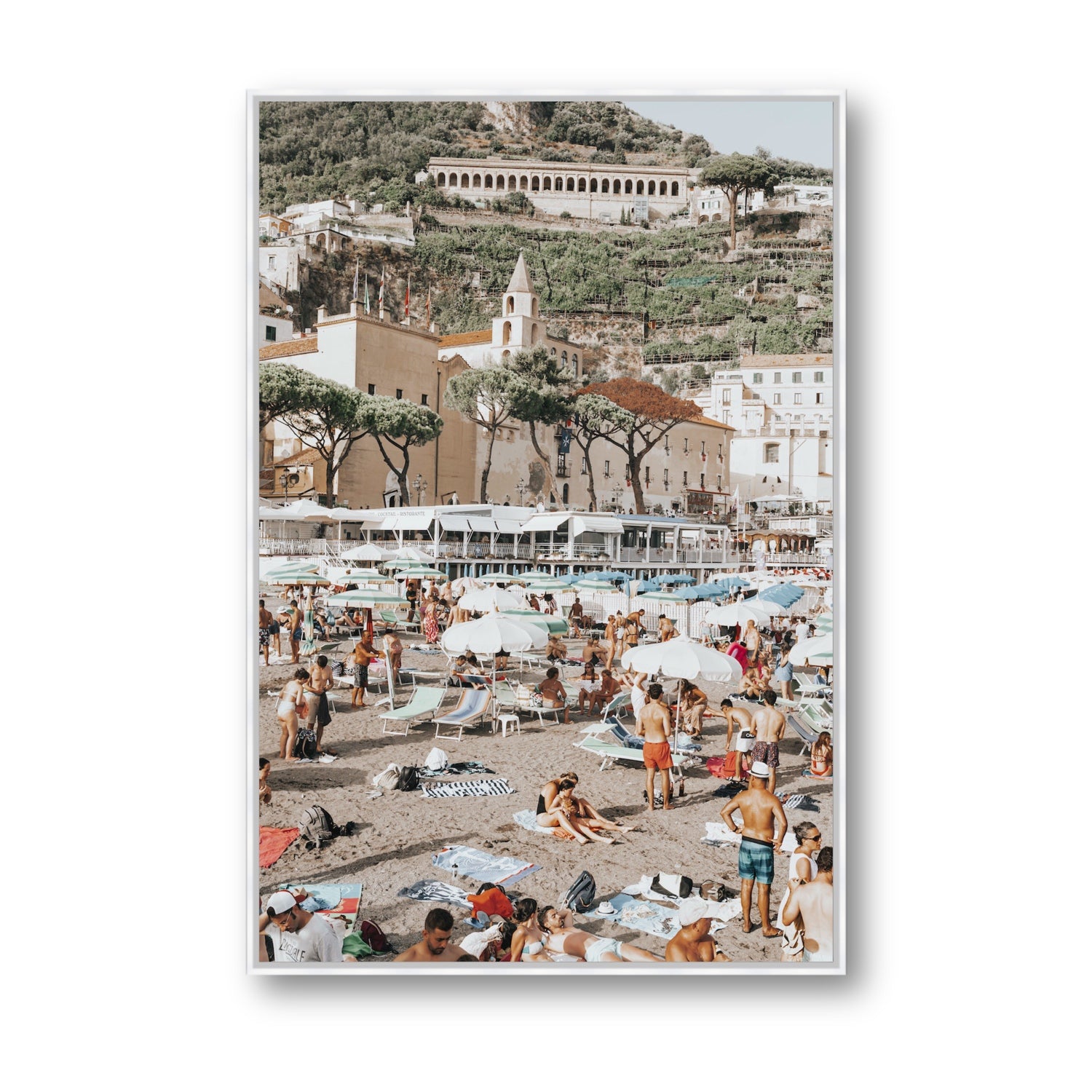 Festa In Spiaggia Amalfi coastal wall art Statement fine art canvas in white float frame