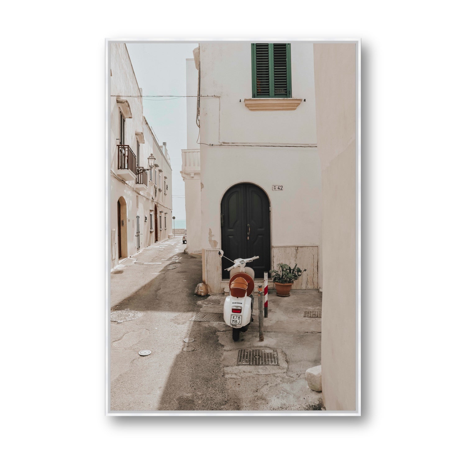 La Casa 42 Puglia Gallipoli Italian wall art Statement fine art canvas in white float frame