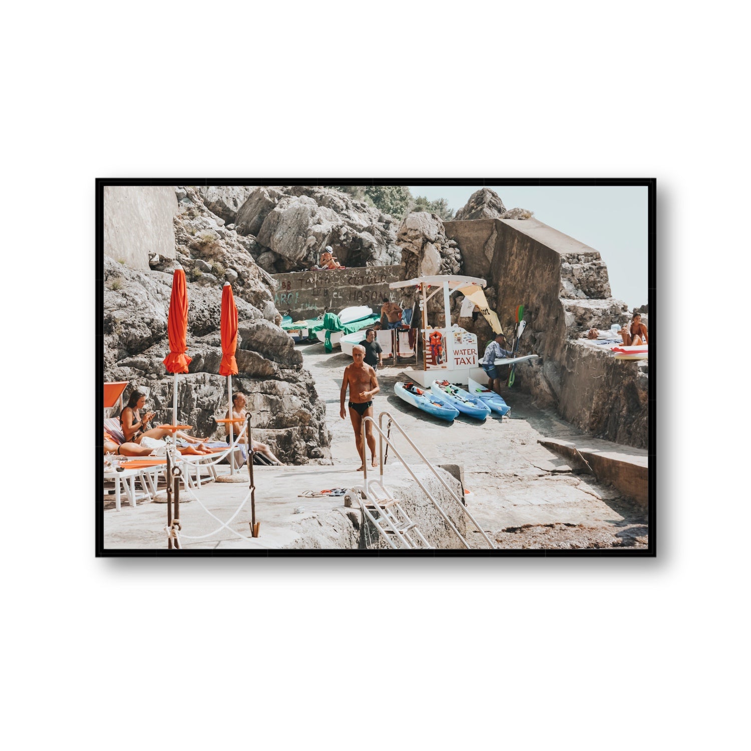The Local Praiano Amalfi Coast Mediterranean wall art Gallery fine art canvas in black float frame