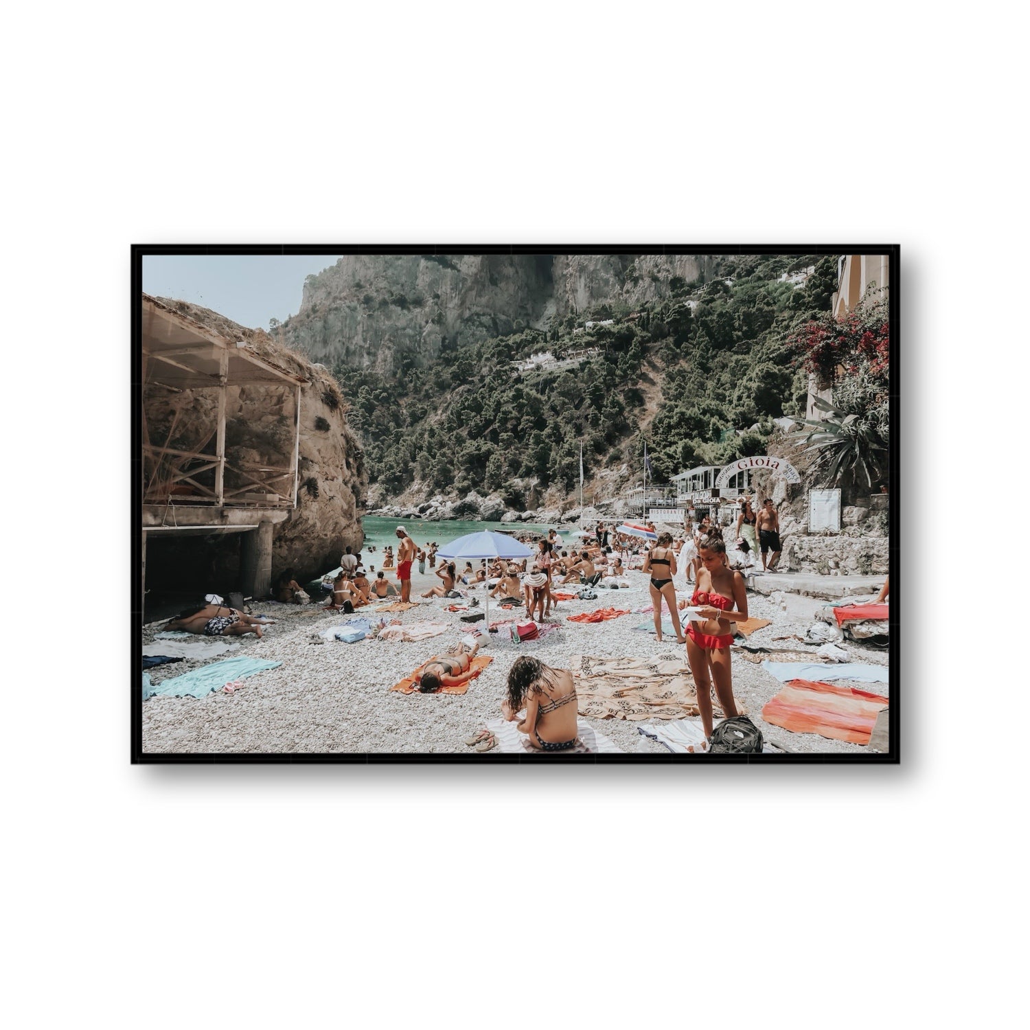 Spiaggia Da Gioia Capri beach coastal wall art Gallery fine art canvas in black float frame