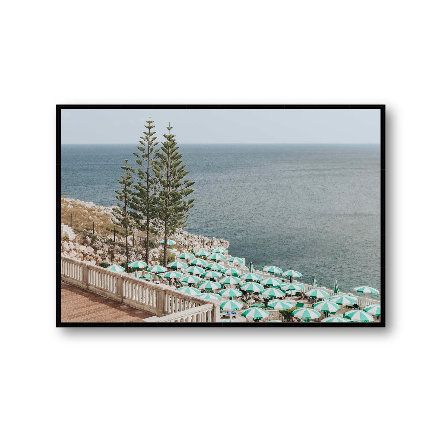 Azure Horizon Puglia beach coastal wall art Gallery fine art canvas in black float frame