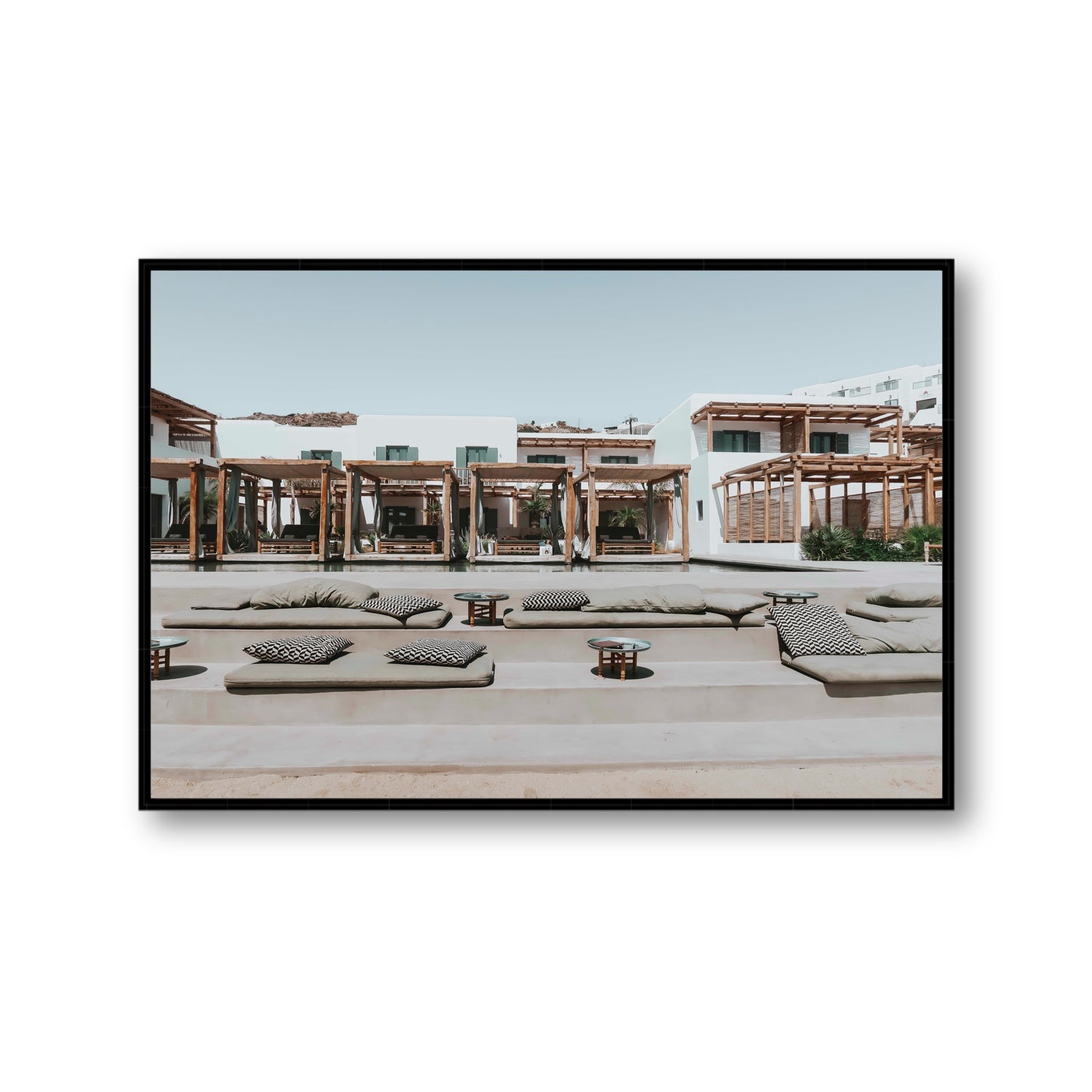 Platis Gialos fine art print, Mykonos, Greece, Gallery, Black Float Frame, Fine Art Canvas