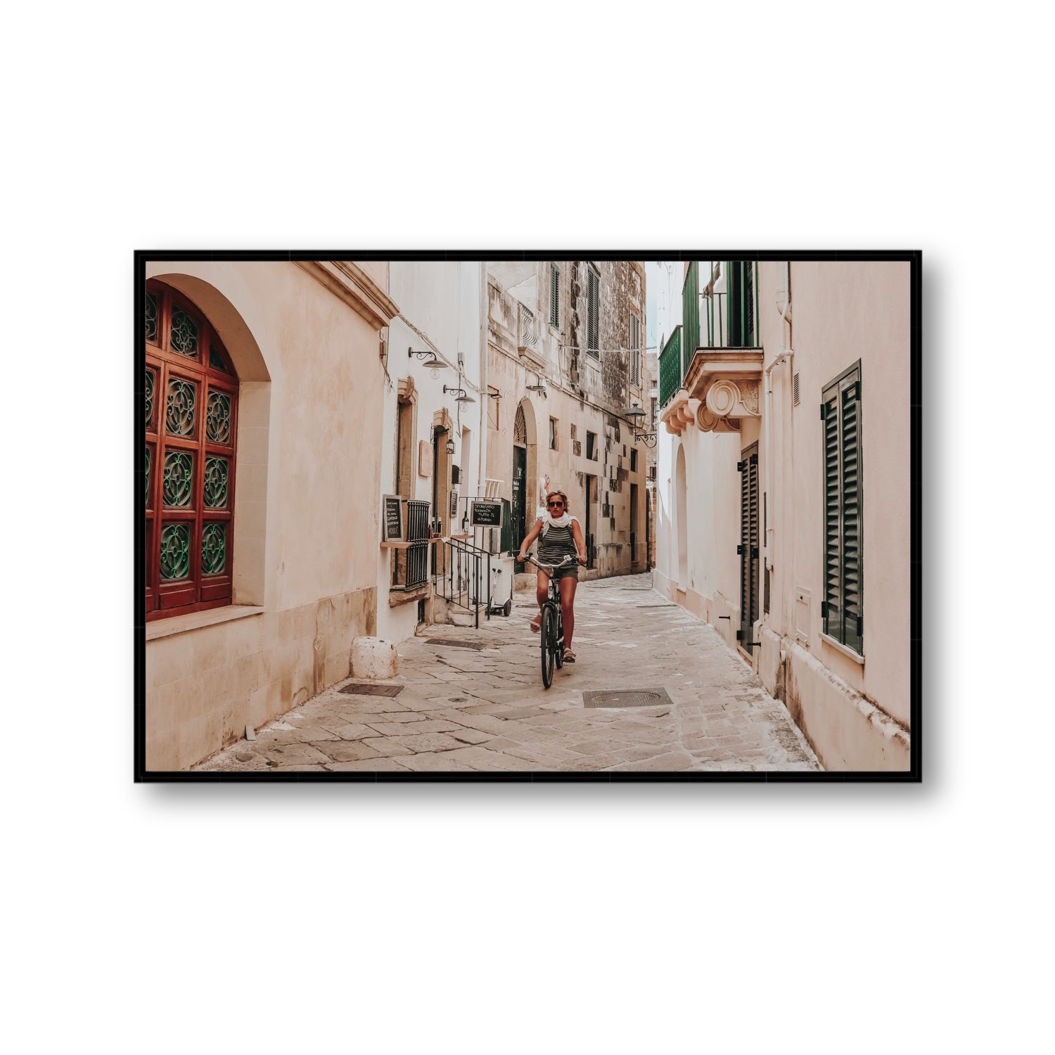 La Donna In Bicicletta Puglia Wall Italian fine art print Gallery fine art canvas in black float frame