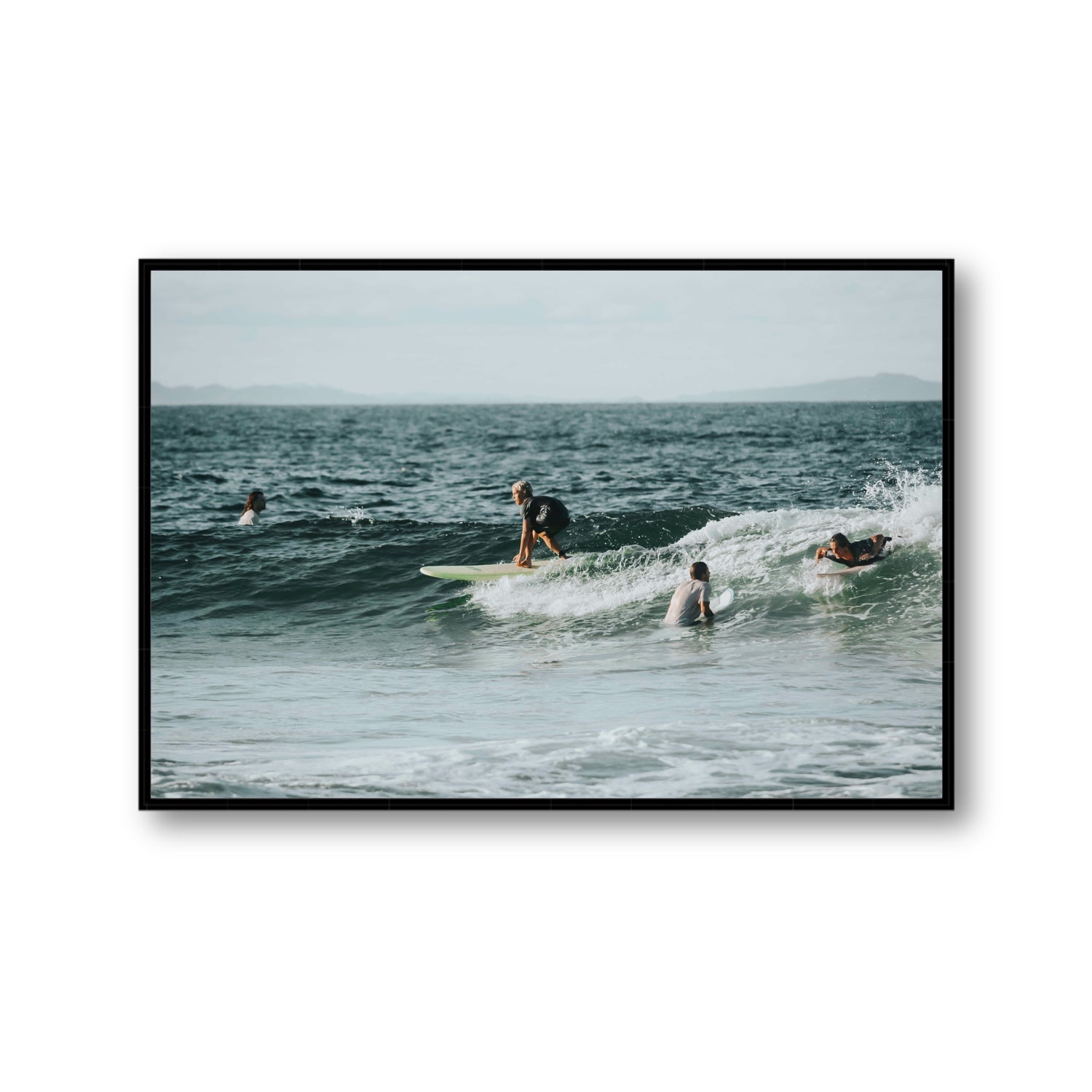 The Boys of Summer Byron Bay Surf coastal wall art Gallery fine art canvas in black float frame