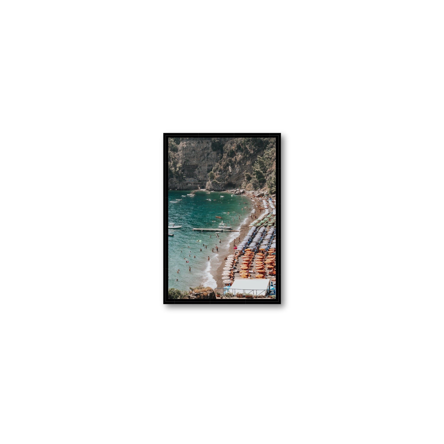 Parasol Panorama fine art print, Positano, Italy, Small, Black Float Frame, Fine Art Canvas