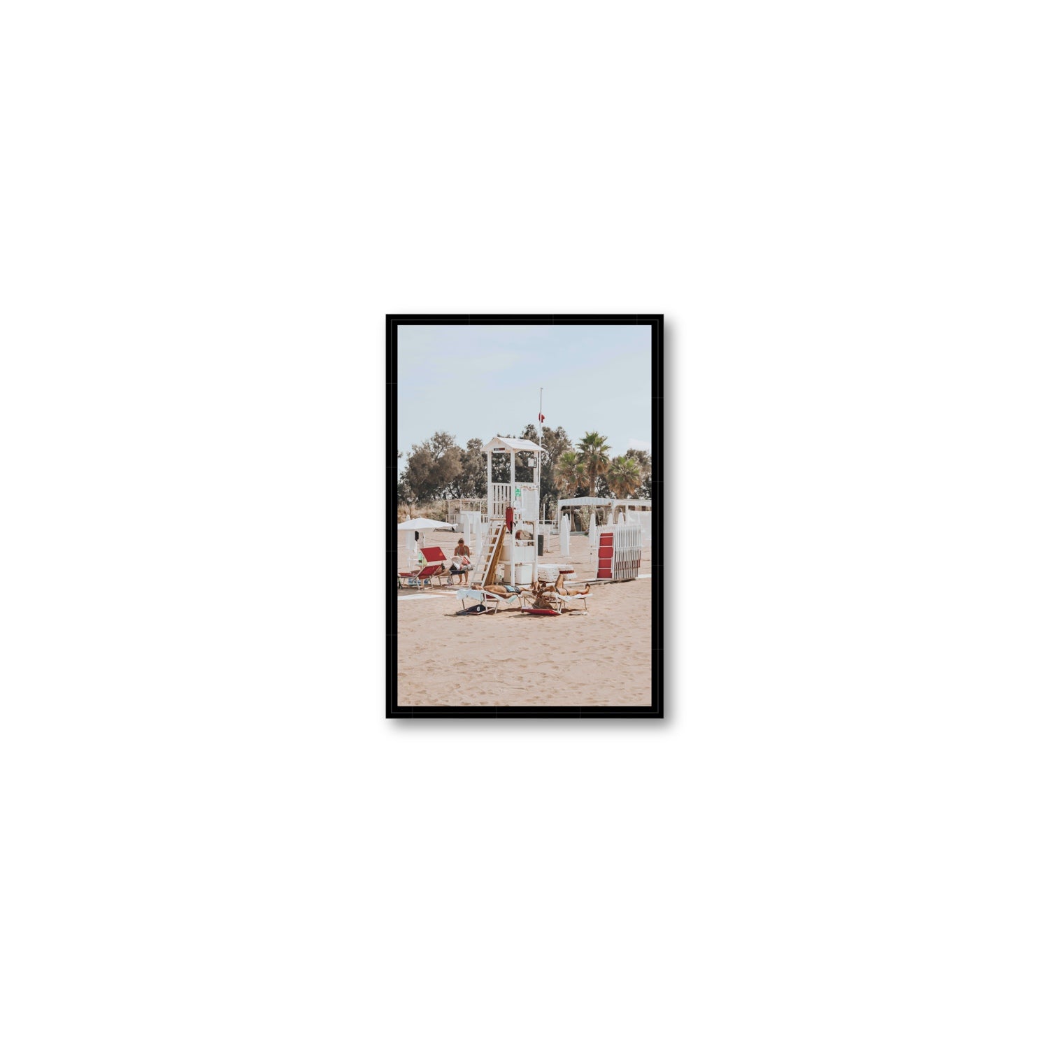 Red Lounge Reverie Puglia beach coastal wall art Small fine art canvas in black float frame