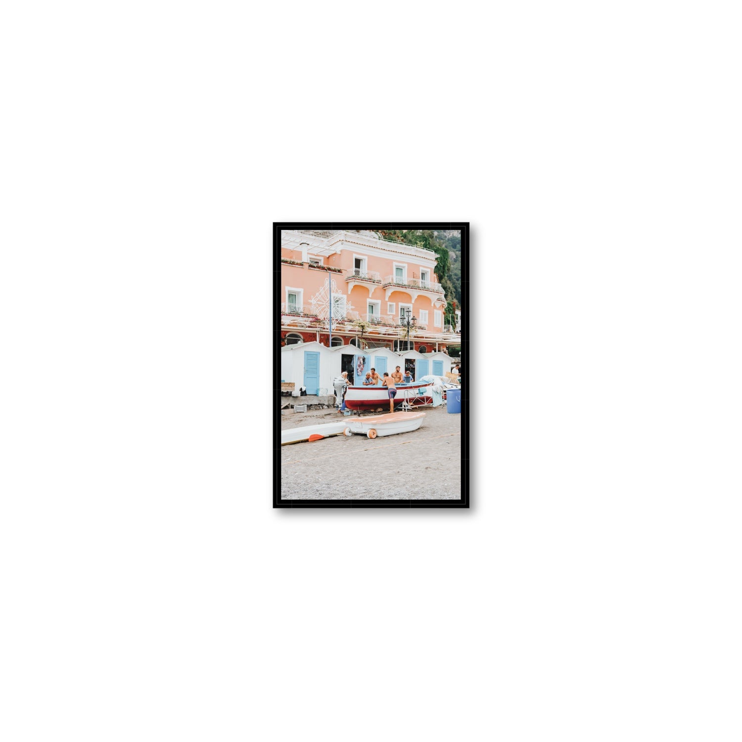 La Riunione della Mattina fine art print, Positano, Italy, Small, Black Float Frame, Fine Art Canvas