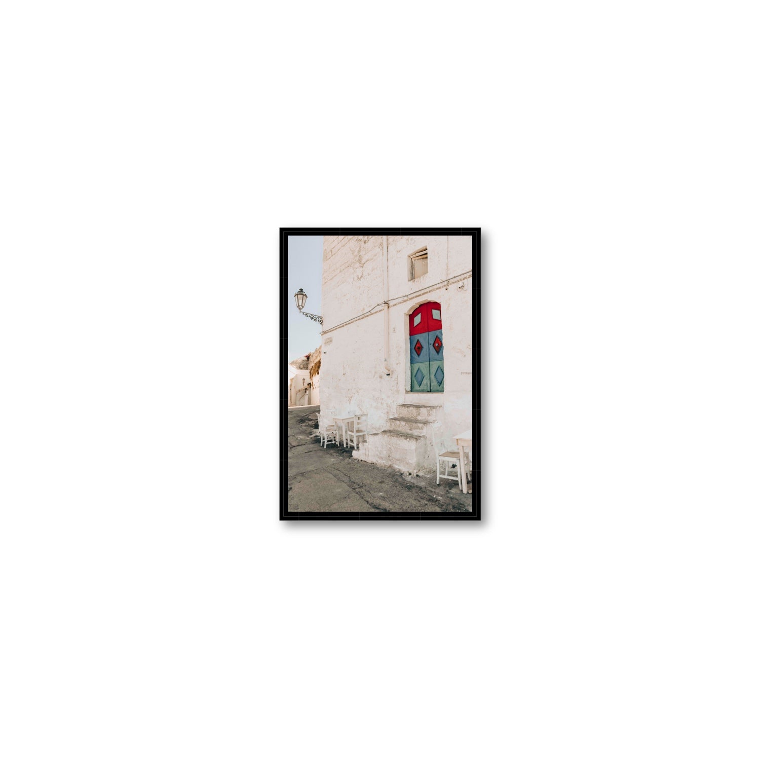 Doorway Delight Puglia Ostuni wall art Small fine art canvas in black float frame