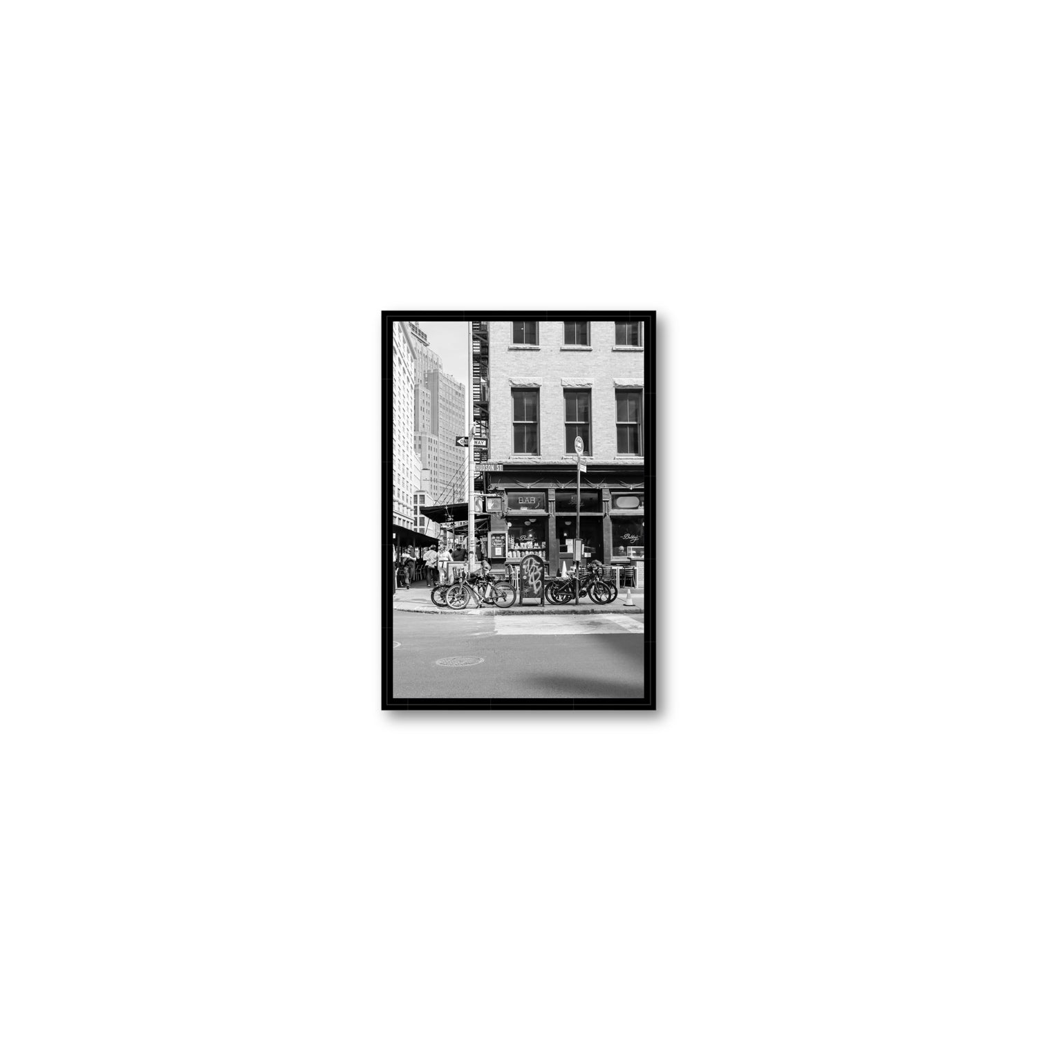 Bites Of The Big Apple New York NYC Black & White wall art Small fine art canvas in black float frame