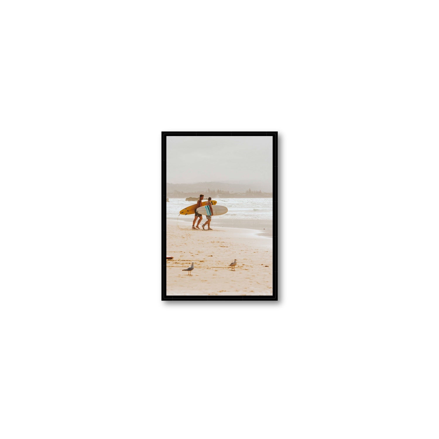 Shane & Benji Byron Bay Surf coastal wall art Small fine art canvas in black float frame