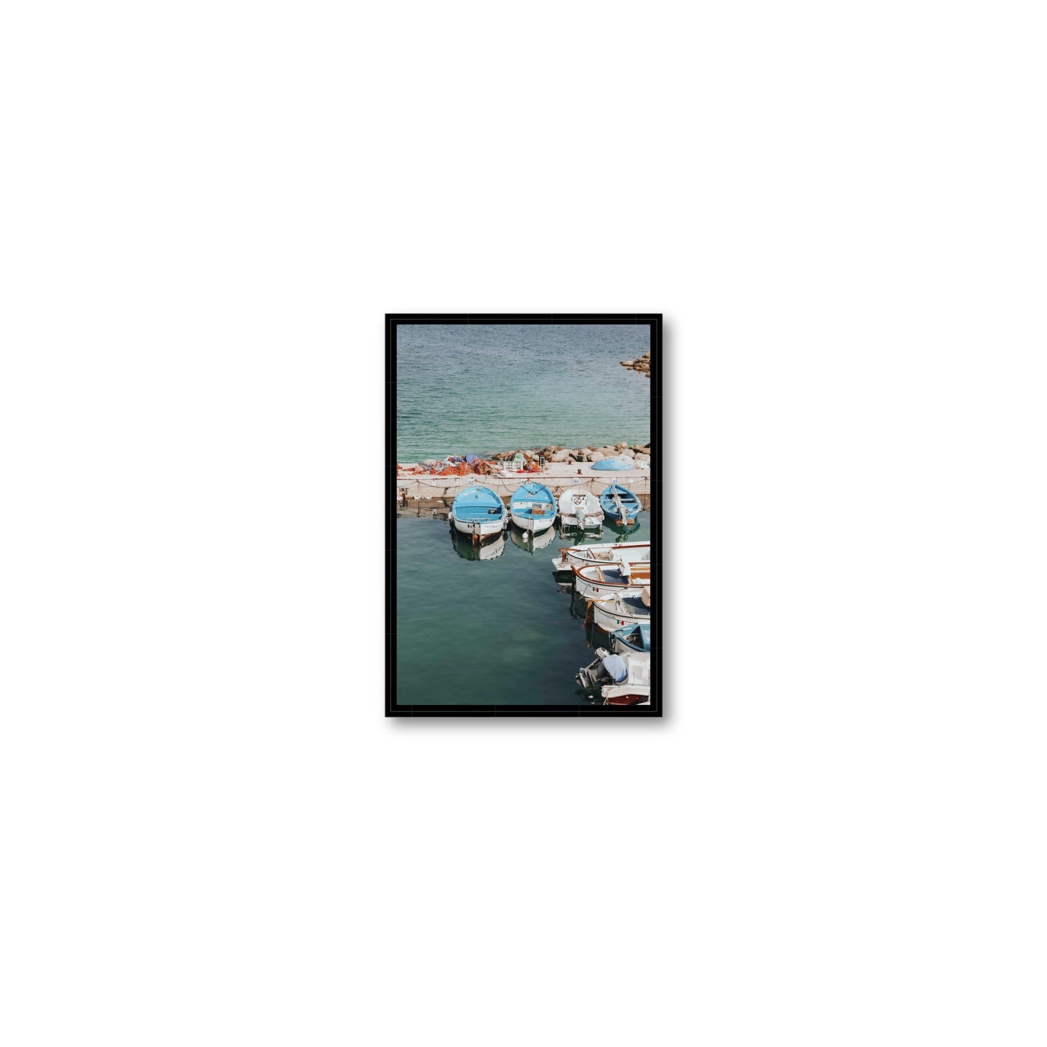 Maritime Memories Puglia Harbour Reflections coastal wall art Small fine art canvas in black float frame