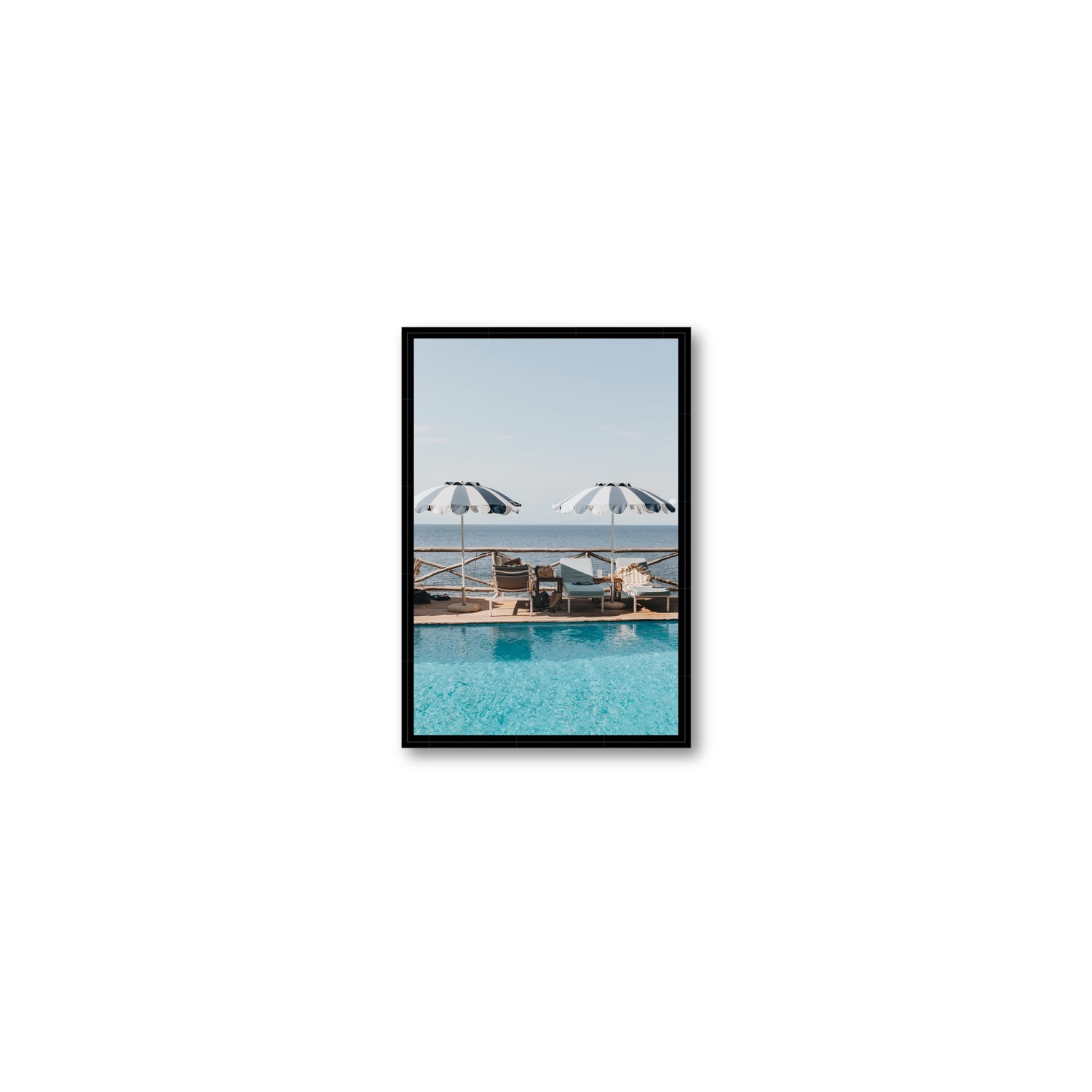 Beach Retreat fine art print, Ischia, Italy, european beach clubs artwork, Small, Black Float Frame, Fine Art Canvas