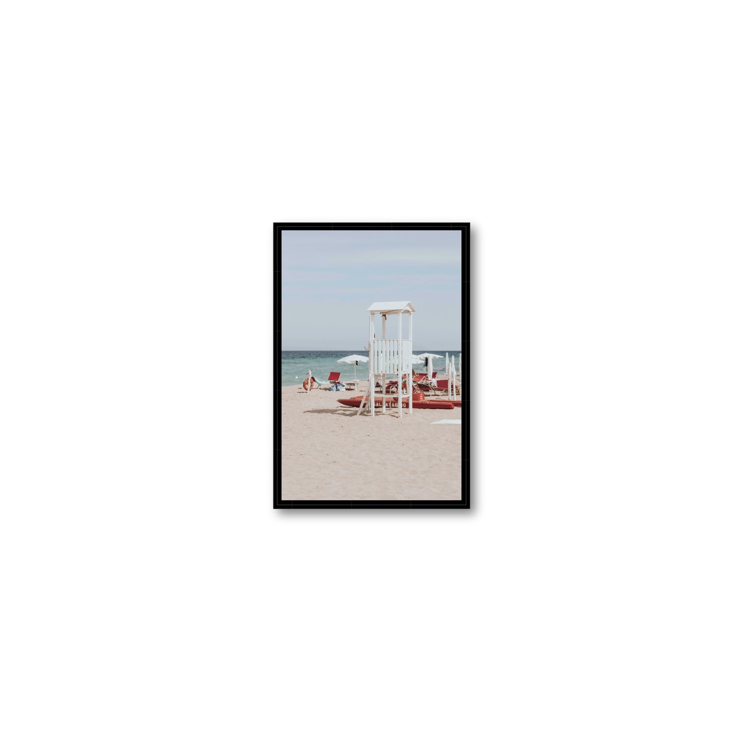 Barefoot Bliss Puglia beach Italian coastal decor wall art Small fine art canvas in black float frame
