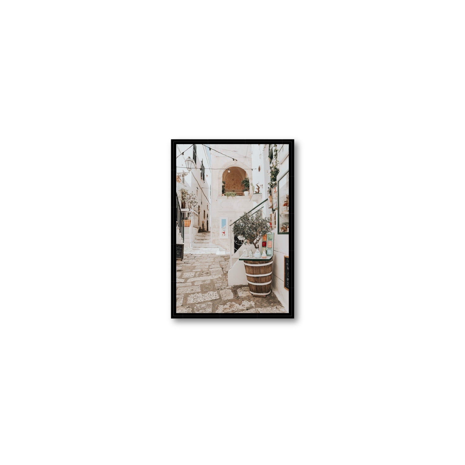 Olive Tree Lane Puglia Ostuni Mediterranean decor wall art Small fine art canvas in black float frame