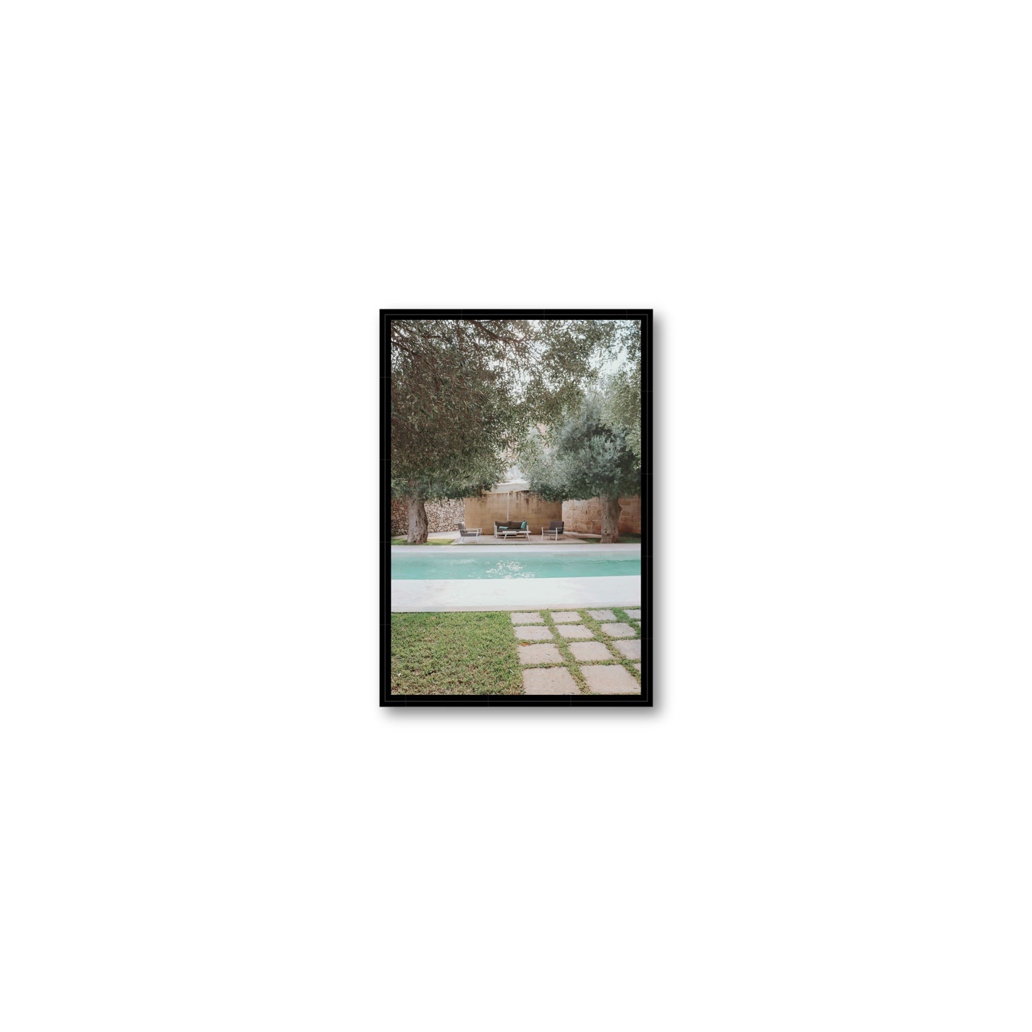 Idyllic Escape Puglia Mediterranean wall art Small fine art canvas in black float frame