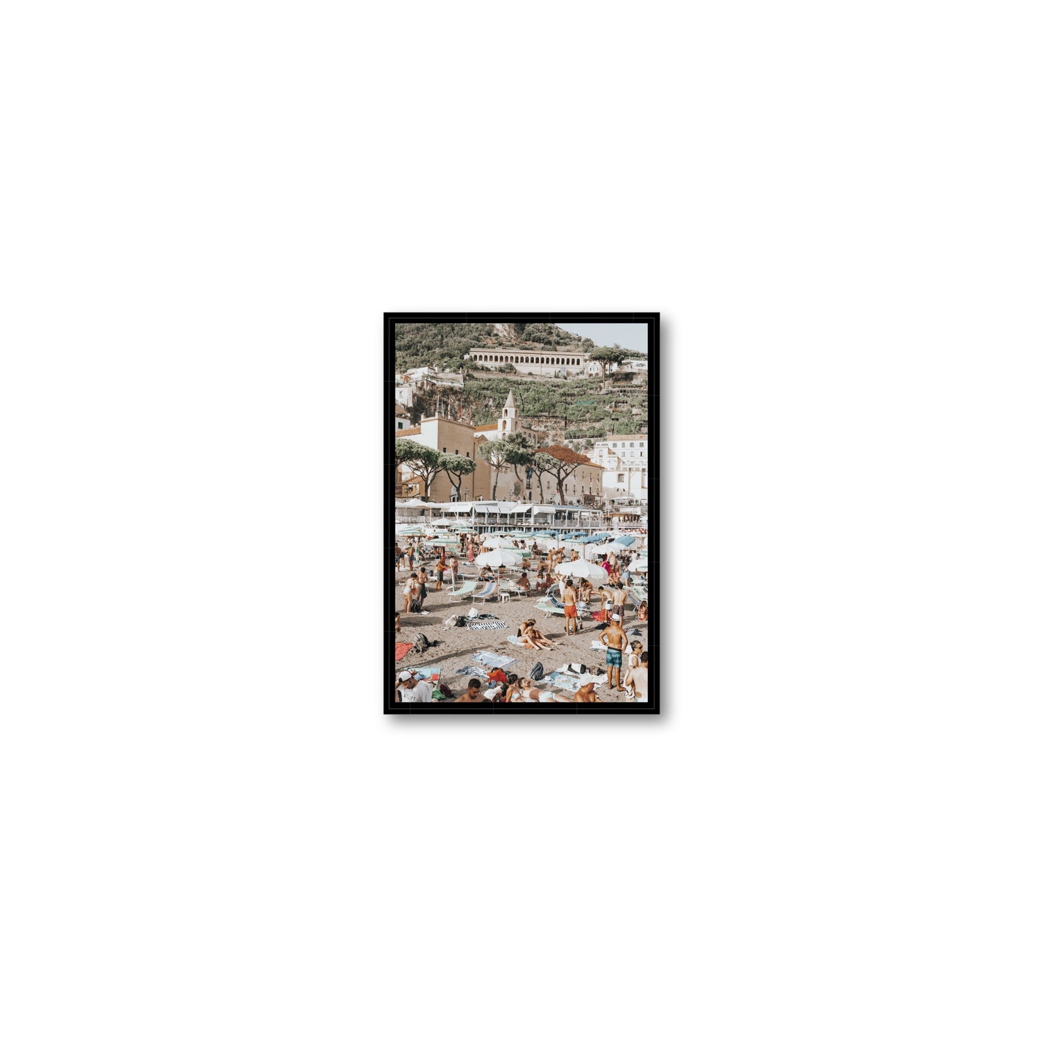 Festa In Spiaggia Amalfi coastal wall art Small fine art canvas in black float frame