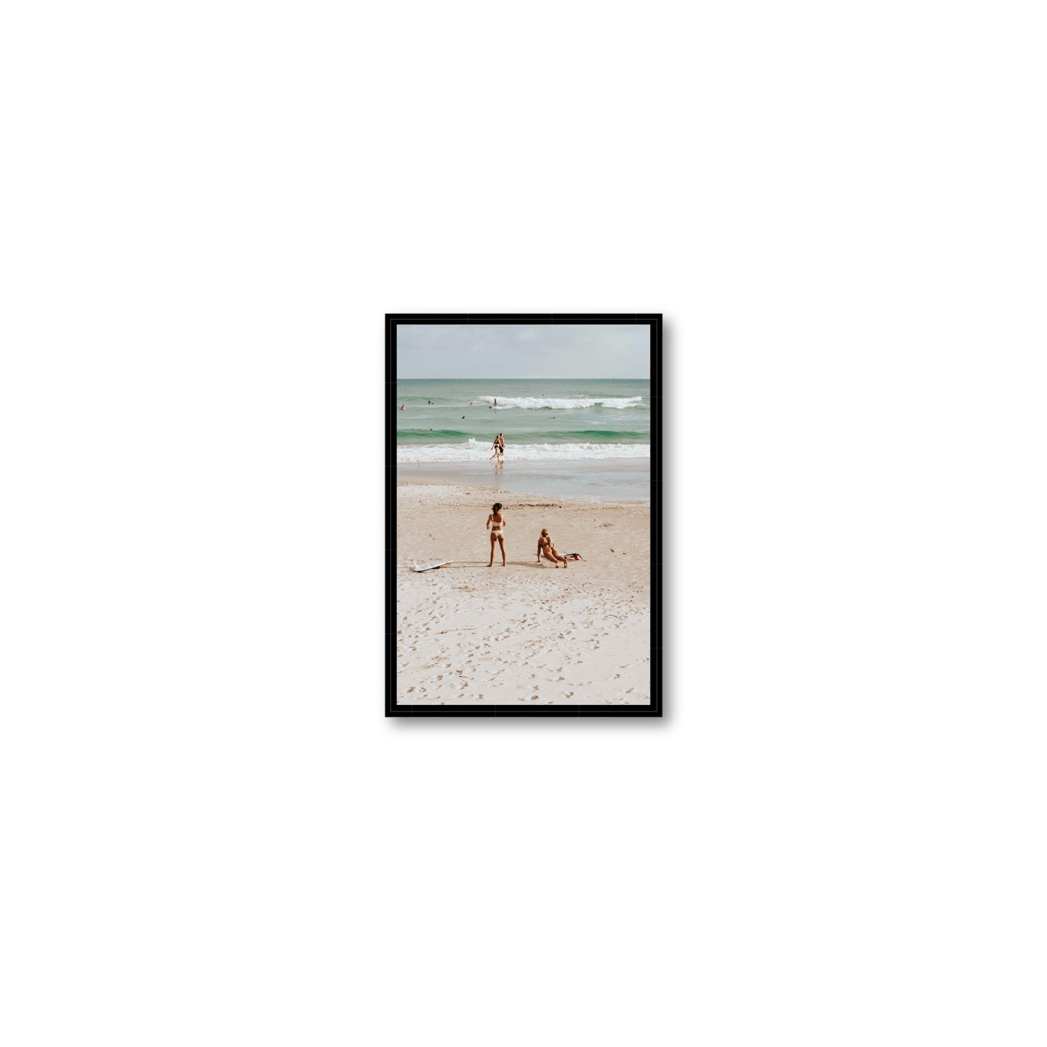 Gidget & Betty Byron Bay beach coastal wall art Small fine art canvas in black float frame
