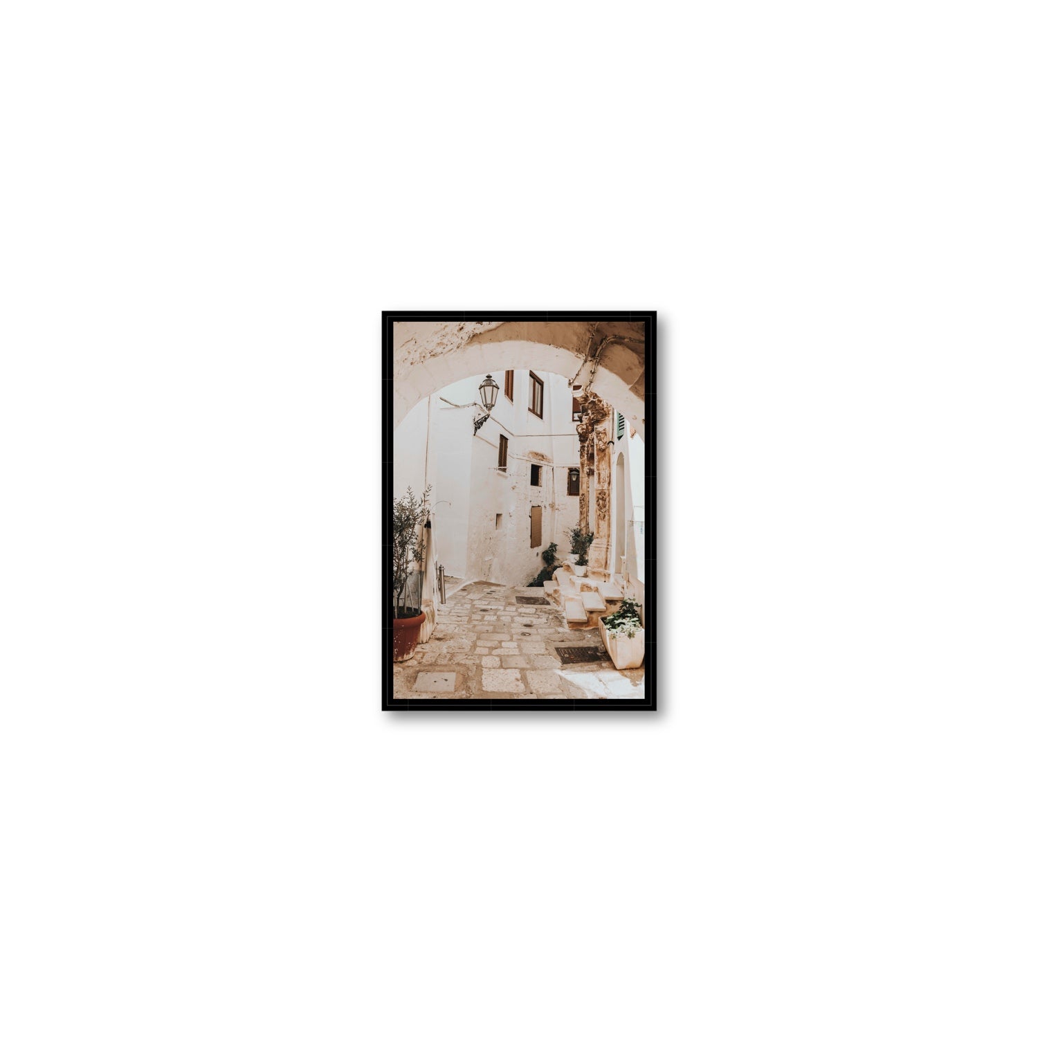 Pathway Wander Puglia Ostuni wall art Small fine art canvas in black float frame
