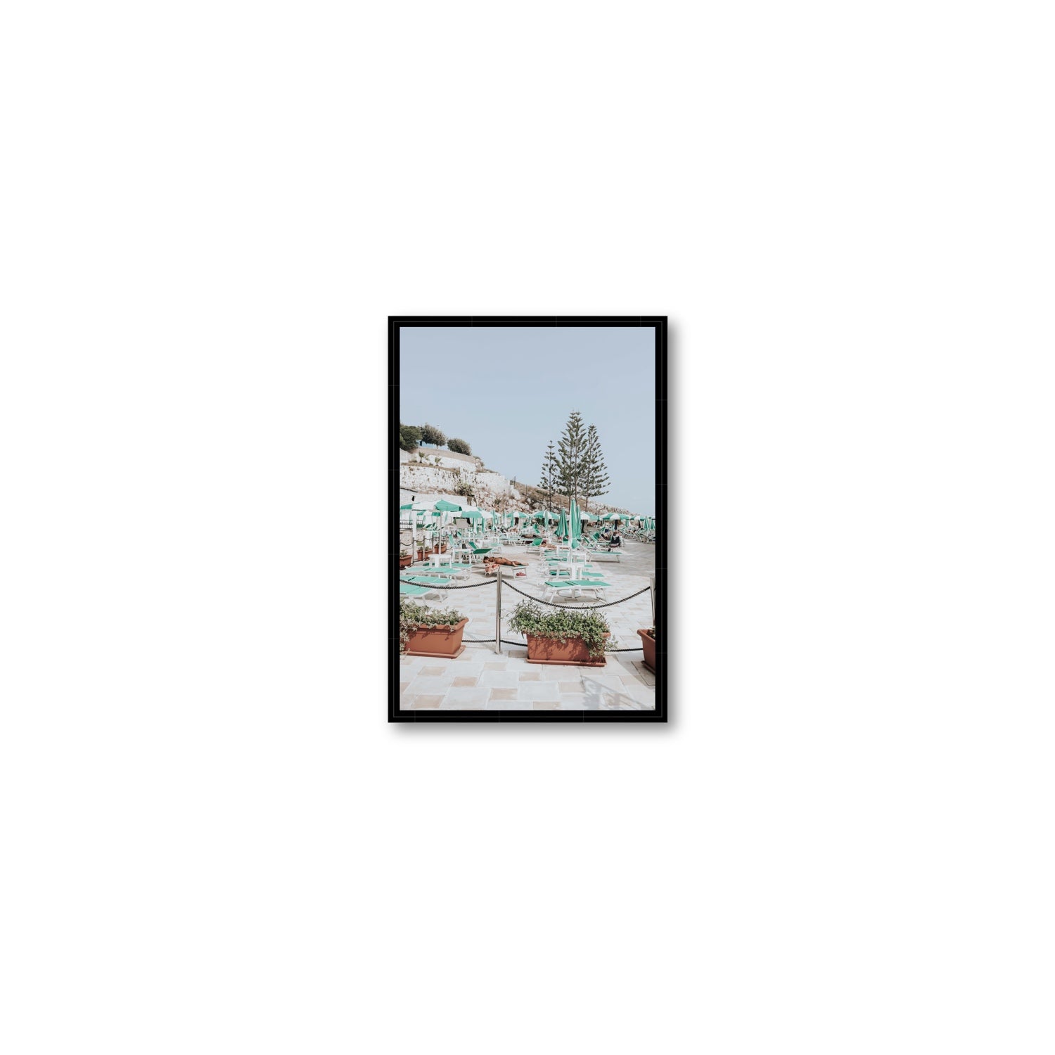 Siesta on The Terrace Puglia coastal wall art Small fine art canvas in black float frame