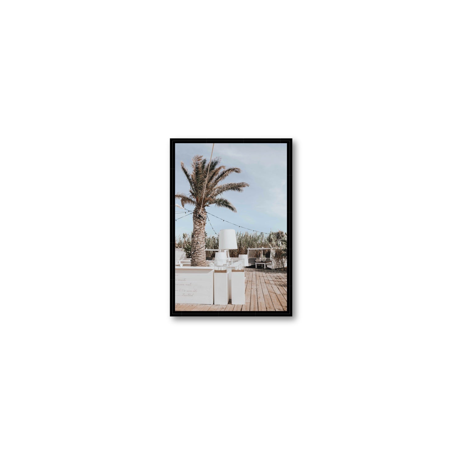 Seabreeze Palm Puglia coastal beach wall art Small fine art canvas in black float frame